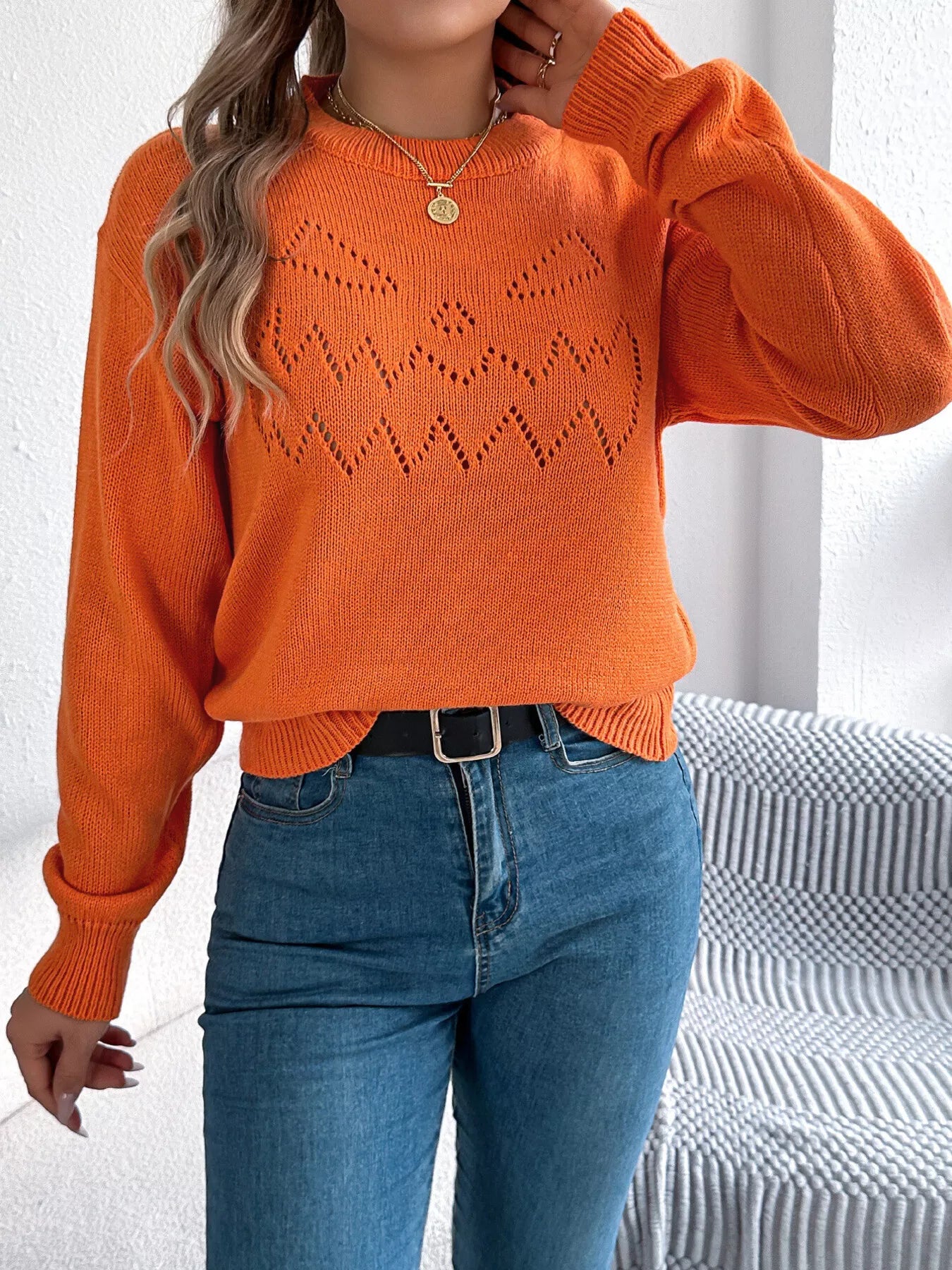 Openwork Round Neck Long Sleeve Sweater - Thalia Chic