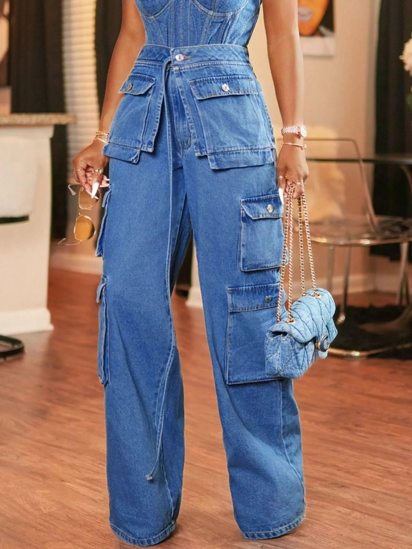 Wide Leg Cargo Jeans - Thalia Chic