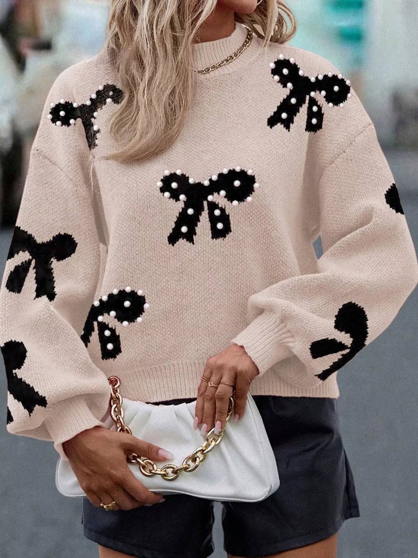 Pearl Embellished Bow Pattern Loose Sweater - Thalia Chic