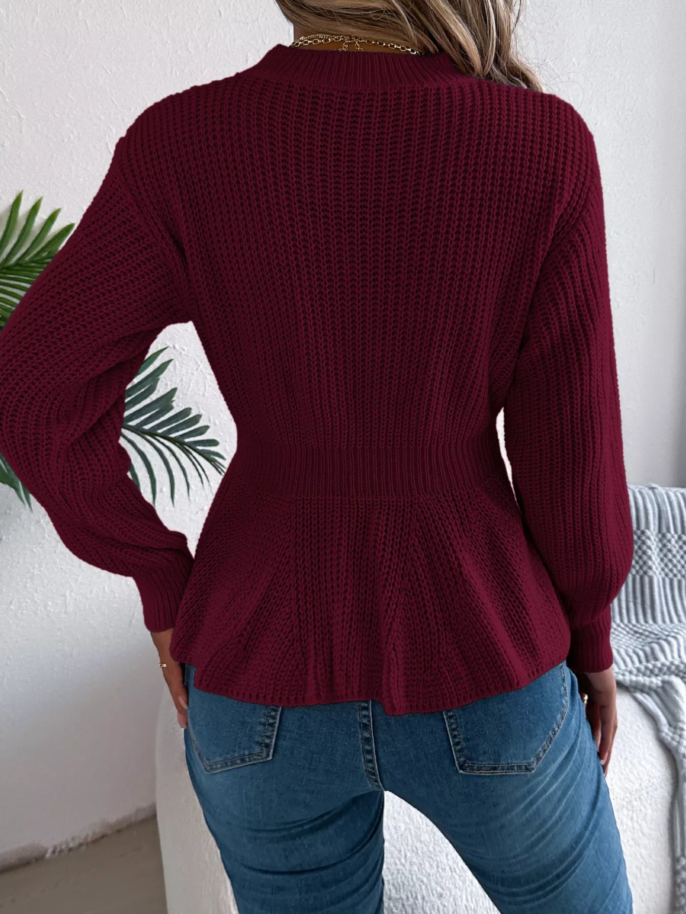 Cable Knit Round Neck Peplum Sweater - Thalia Chic
