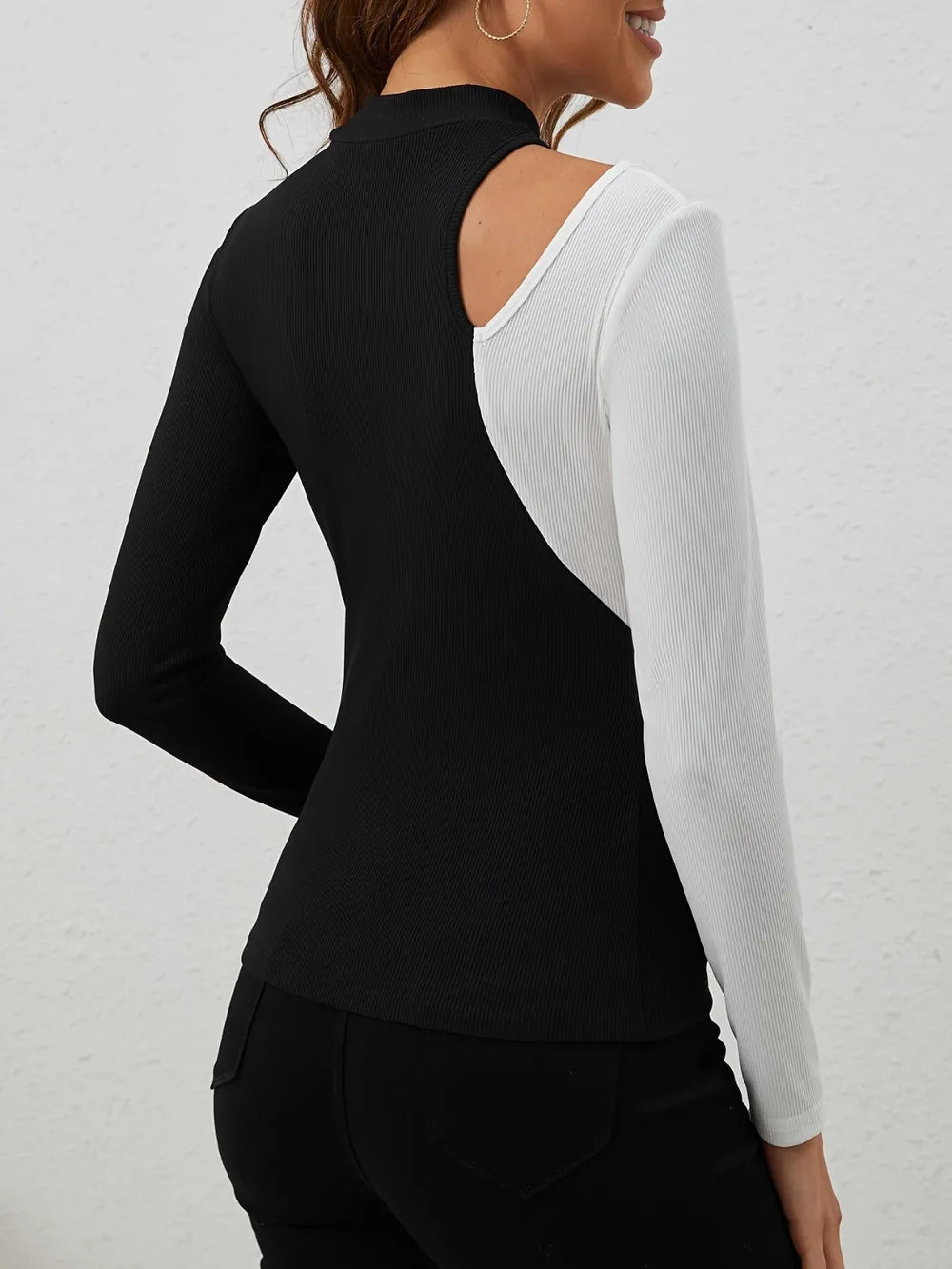 Cutout Contrast Mock Neck Long Sleeve T-Shirt - Thalia Chic