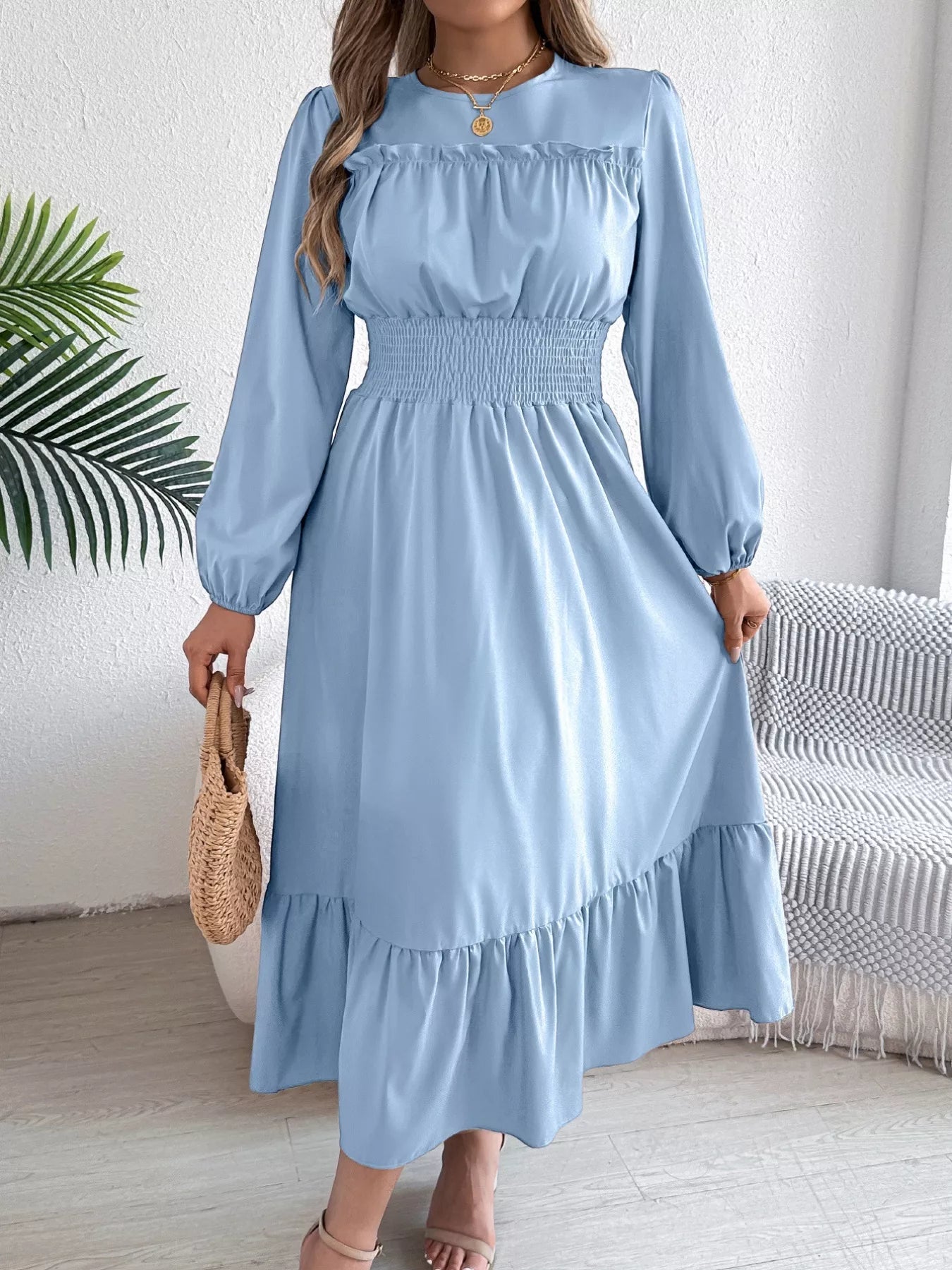 Round Neck Balloon Sleeve Tiered Dress - Thalia Chic