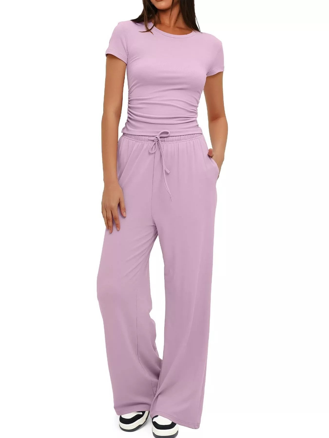 Round Neck Short Sleeve T-Shirt and Pants Set - Thalia Chic