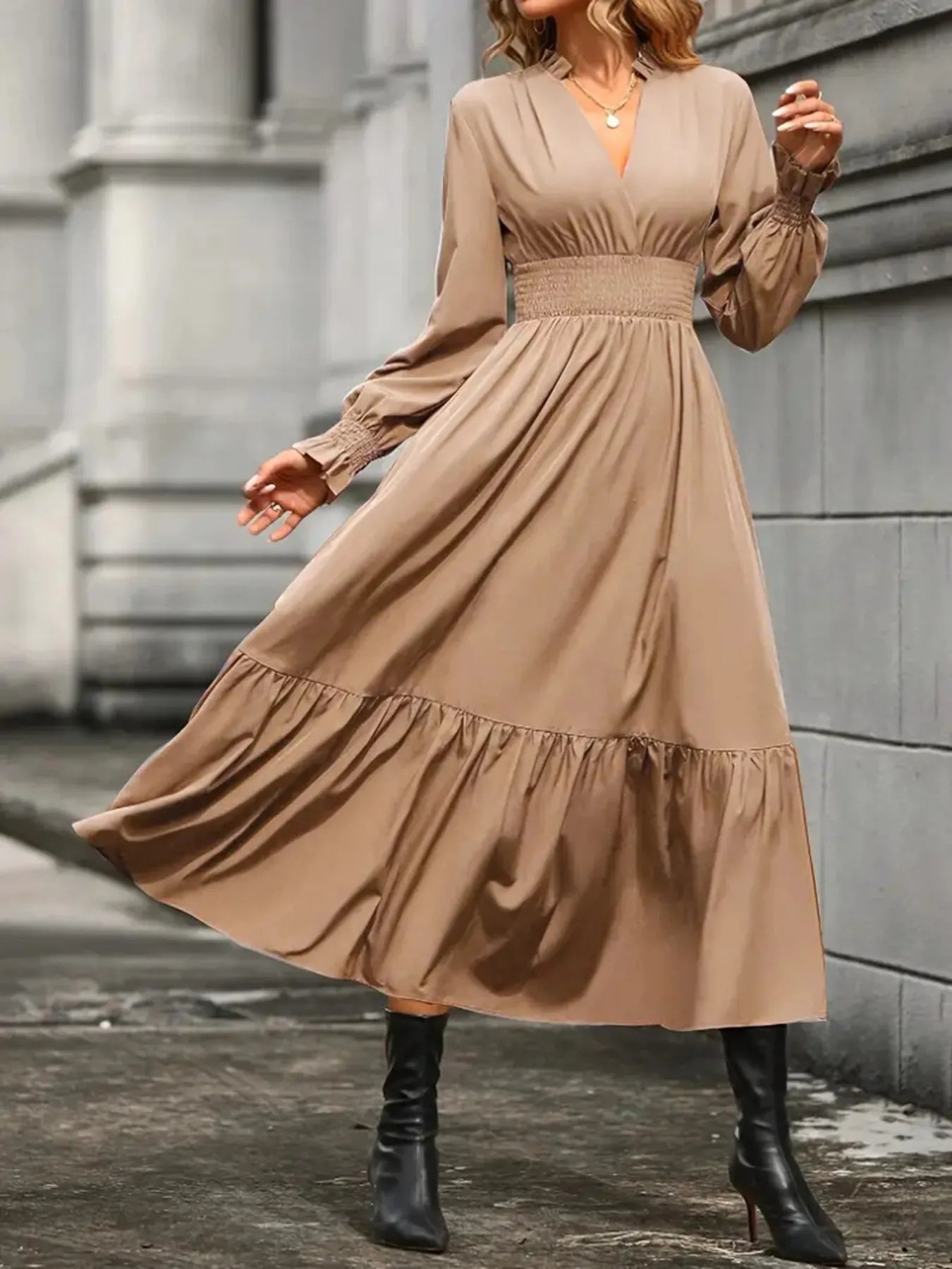 Notched Long Sleeve Tiered Dress - Thalia Chic