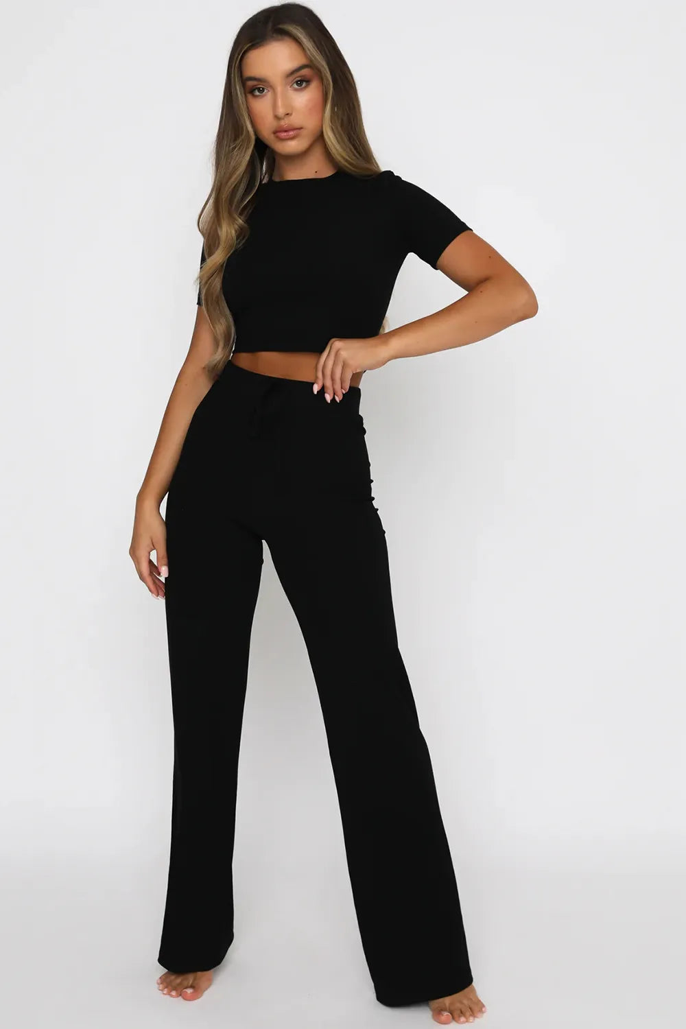 Round Neck Short Sleeve Top and Pants Set - Thalia Chic