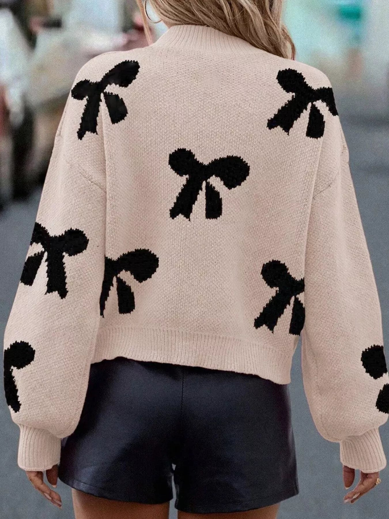 Pearl Embellished Bow Pattern Loose Sweater - Thalia Chic