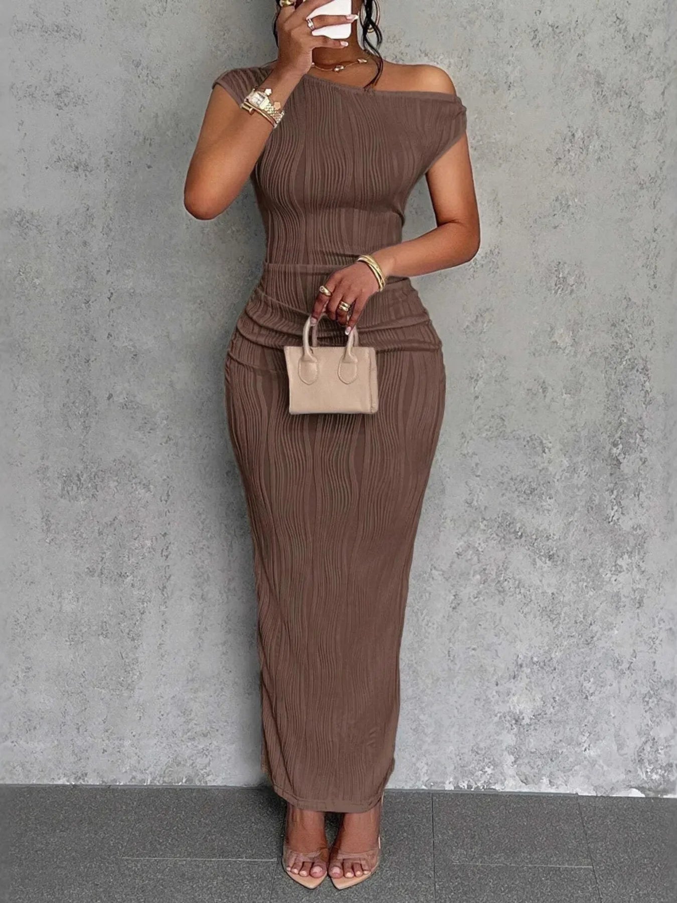 Textured Single Shoulder Bodycon Maxi Dress - Thalia Chic