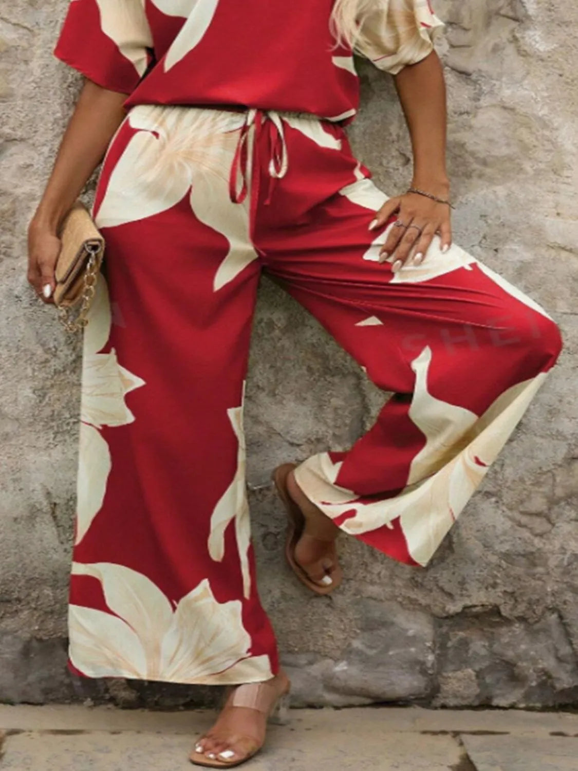 Printed V-Neck Top and Wide Leg Pants Set - Thalia Chic