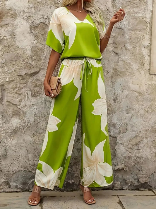 Printed V-Neck Top and Wide Leg Pants Set - Thalia Chic