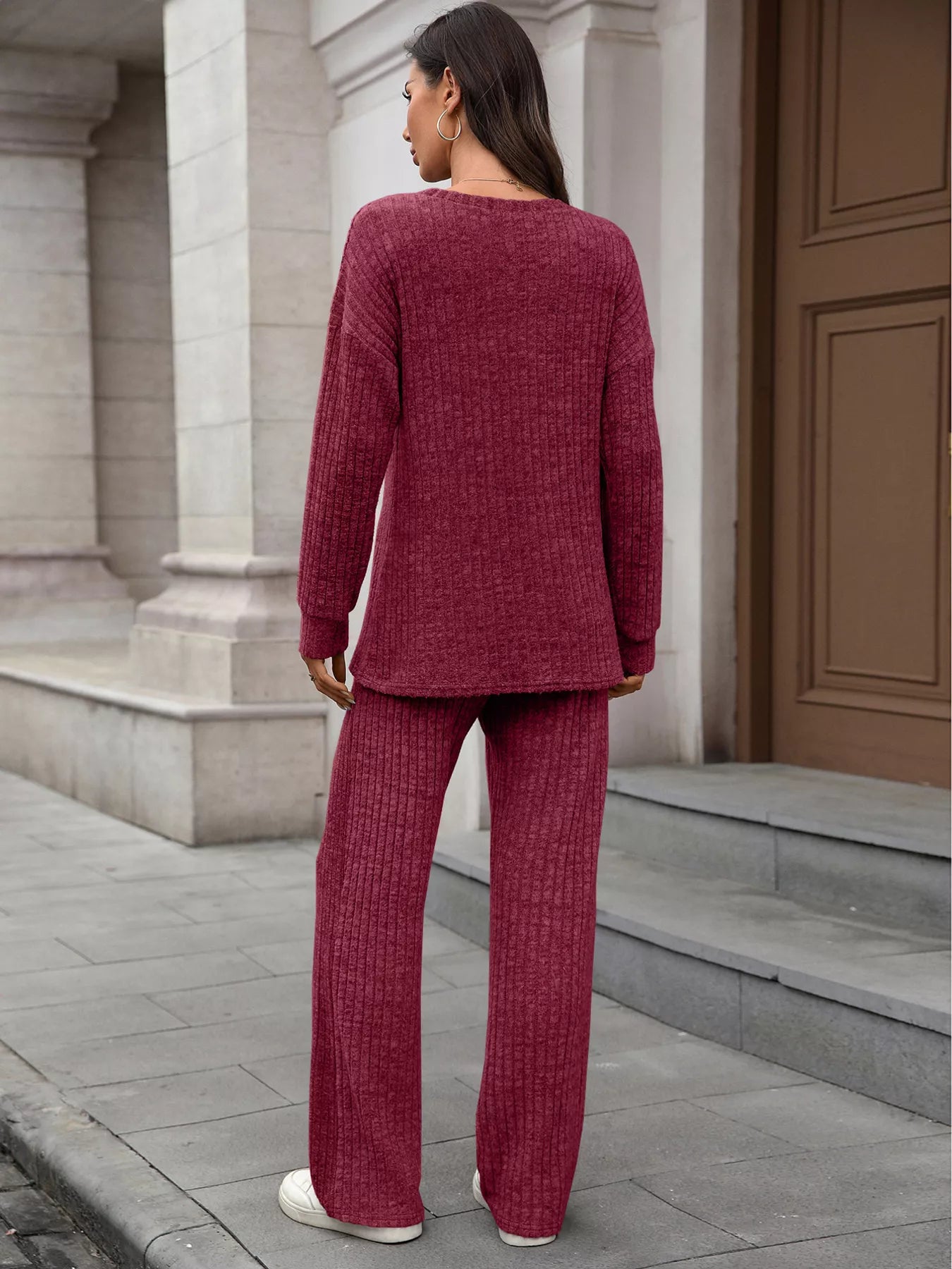 Ribbed Round Neck Top and Pants Set - Thalia Chic