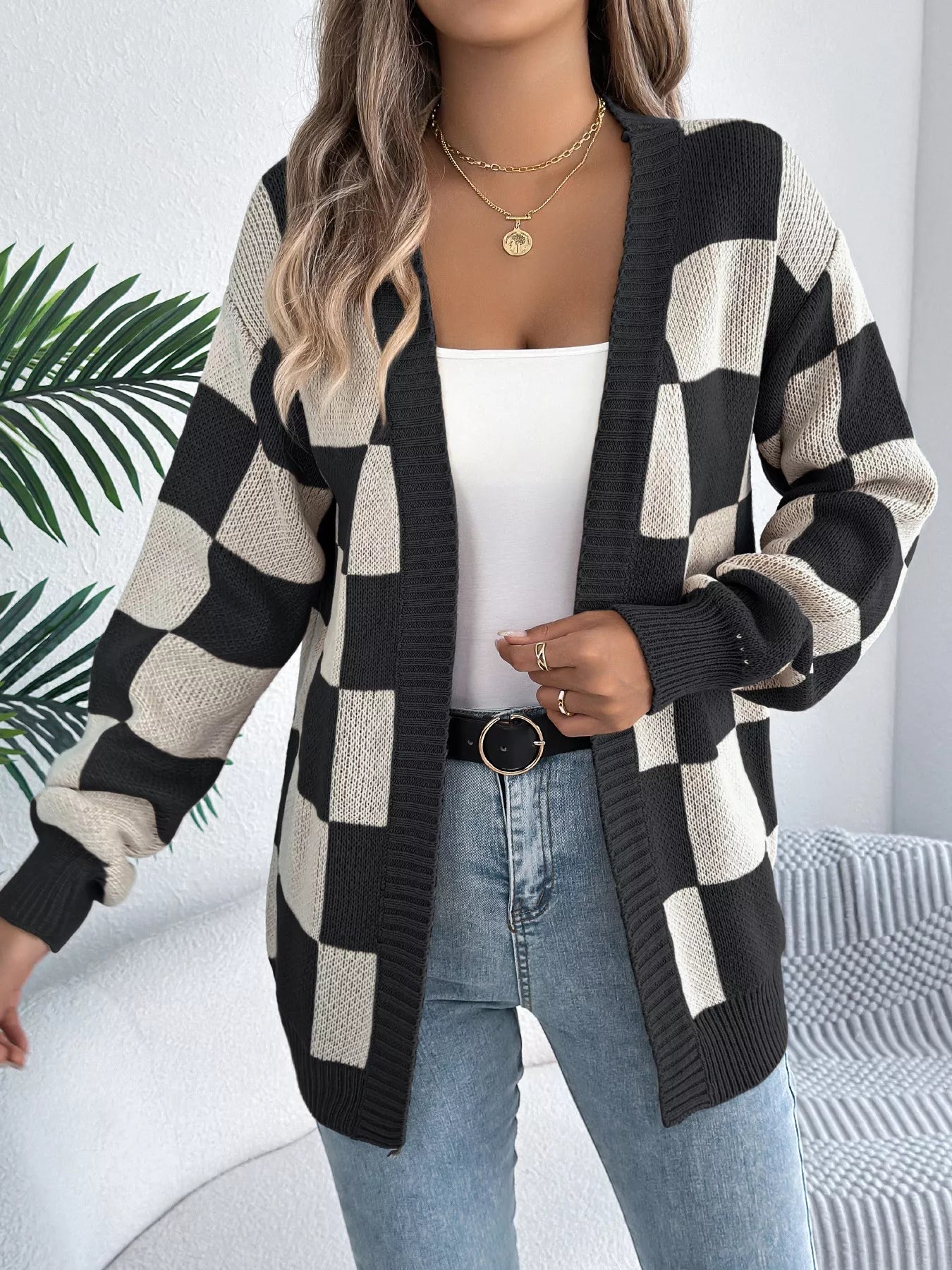 Checkered Pattern Open Front Cardigan - Thalia Chic