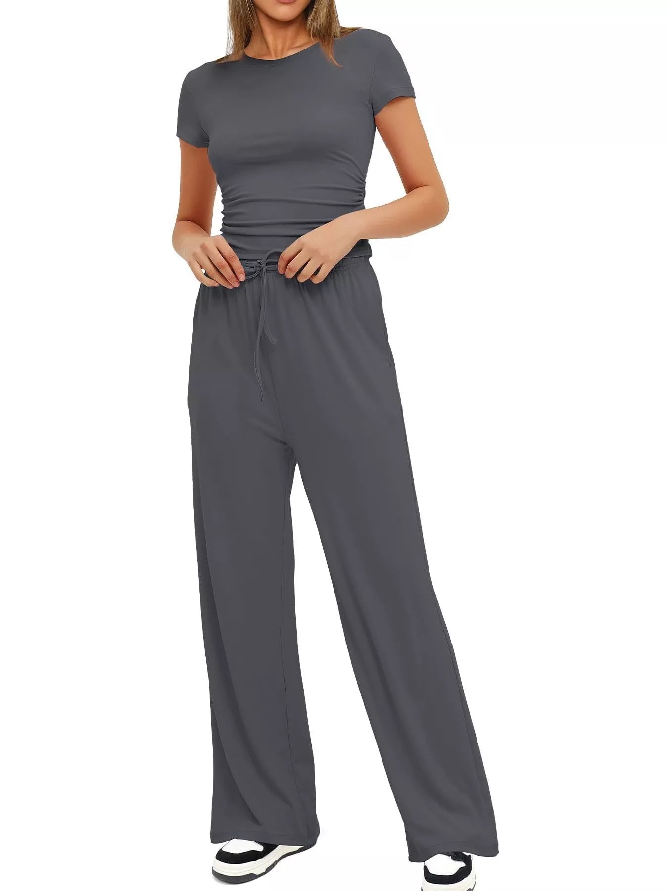 Round Neck Short Sleeve T-Shirt and Pants Set - Thalia Chic