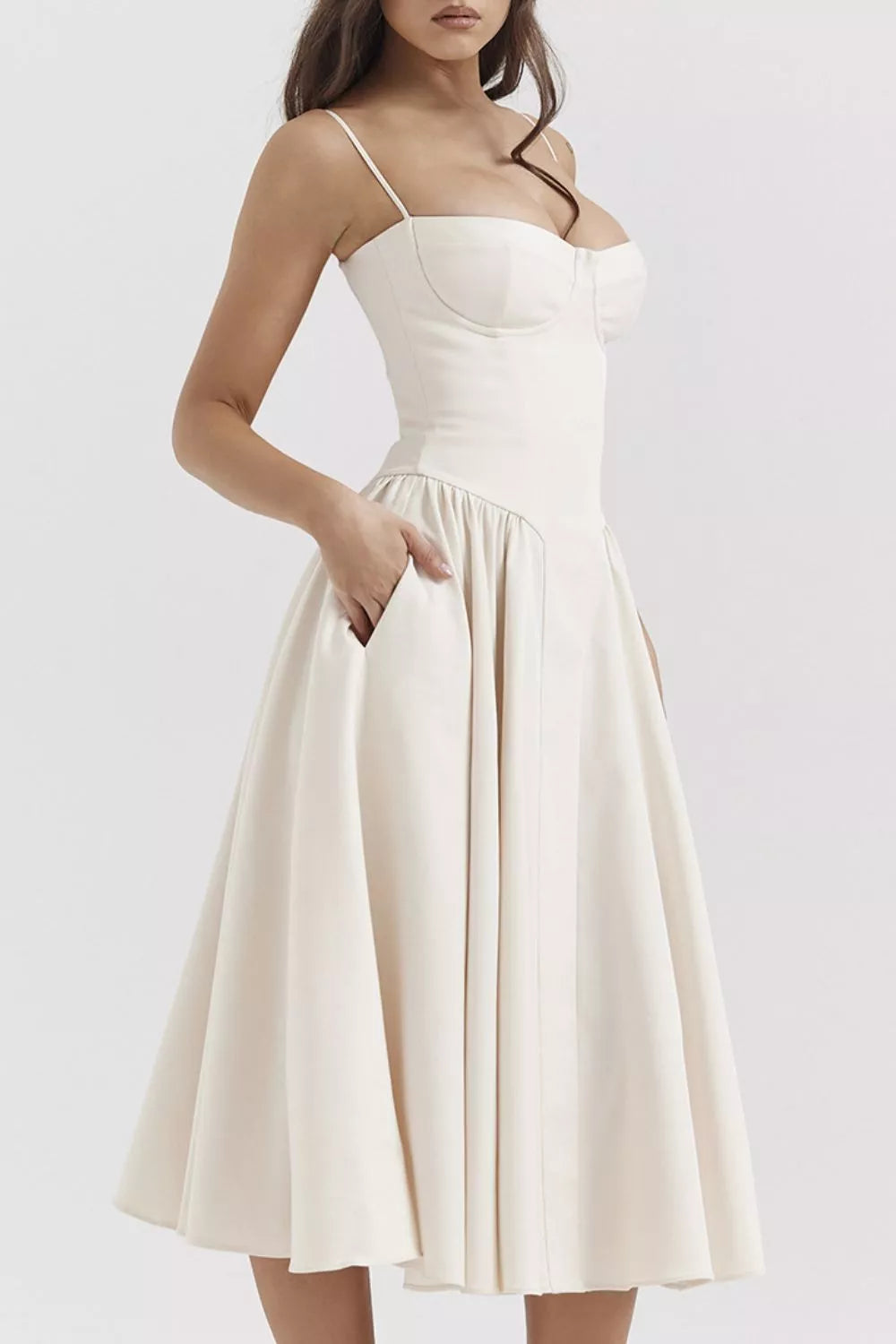 Sweetheart Neck Ruched Midi Dress - Thalia Chic