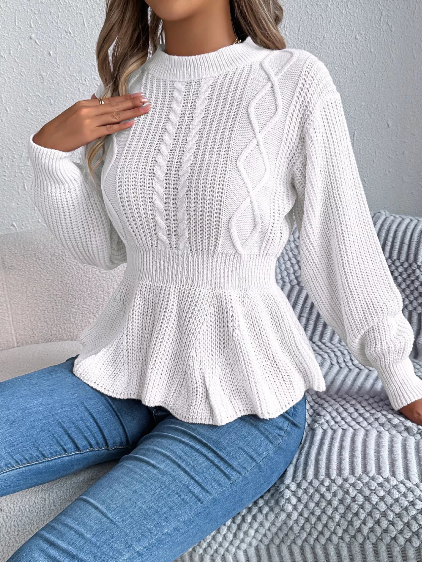 Cable Knit Round Neck Peplum Sweater - Thalia Chic