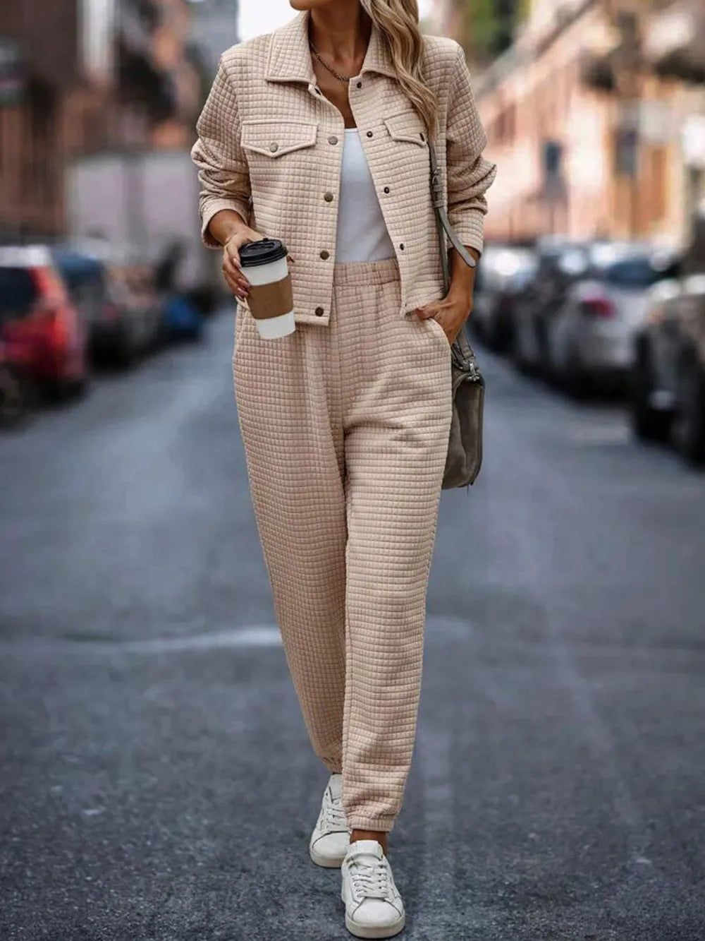 Plaid Texture Snap Down Top and Pants Set - Thalia Chic