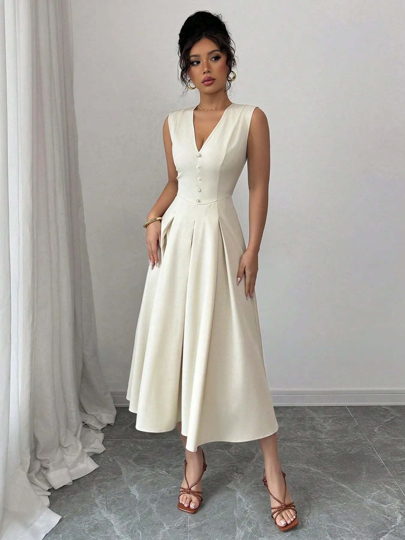 V-Neck Sleeveless Midi Dress - Thalia Chic