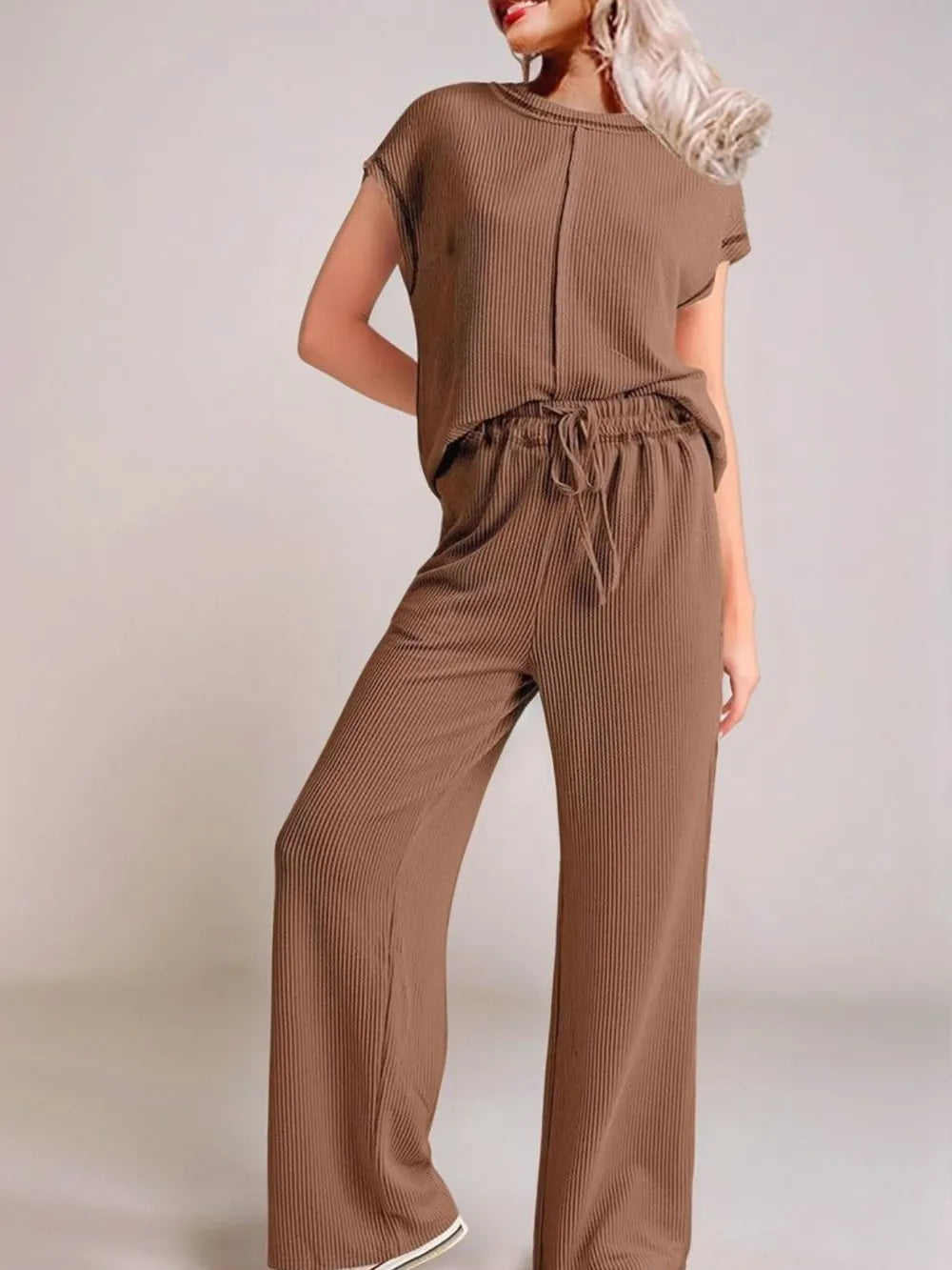 Ribbed Exposed Seam Top and Pants Set - Thalia Chic
