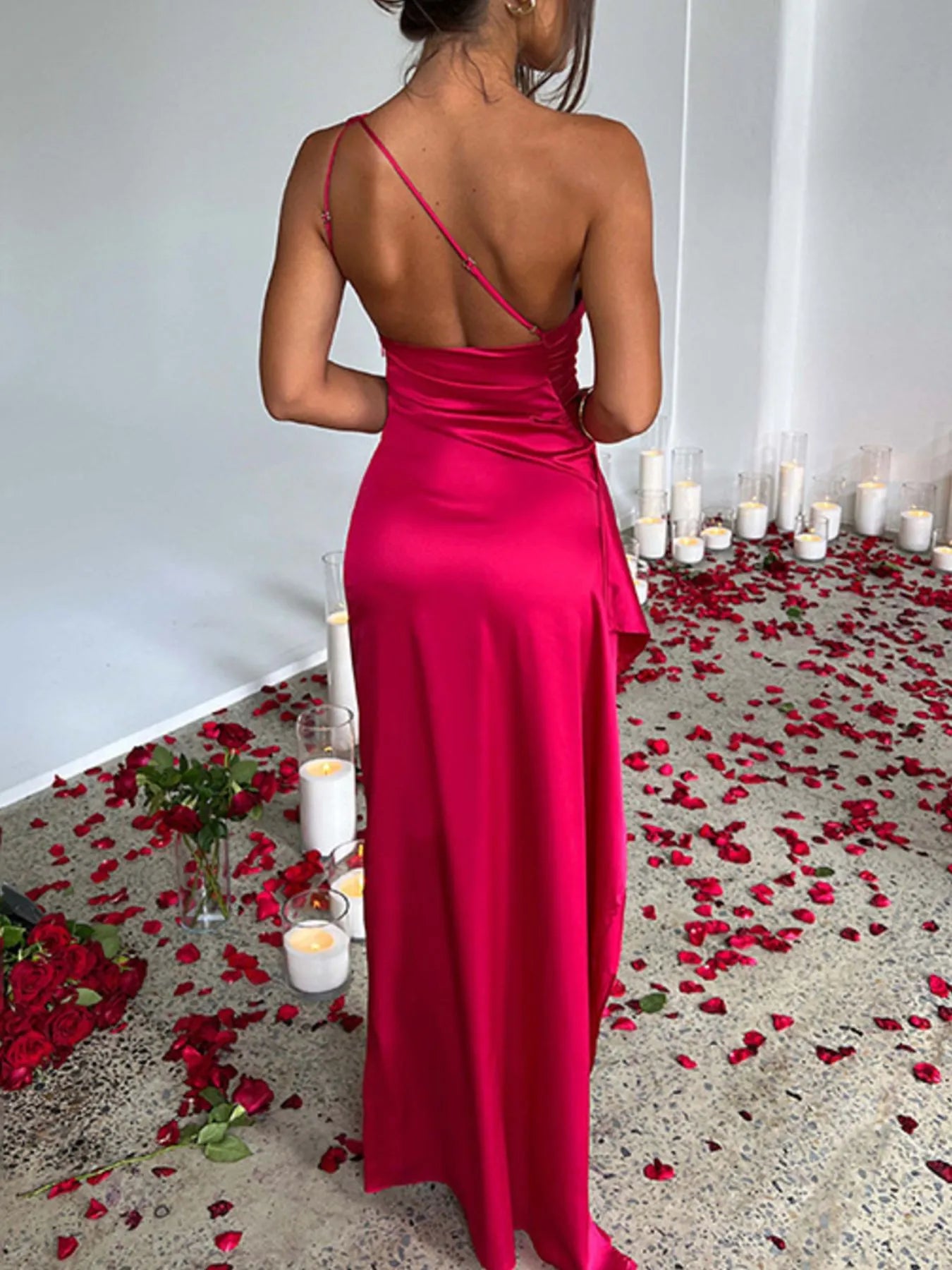 One Shoulder Satin Dress with High Slit - Thalia Chic