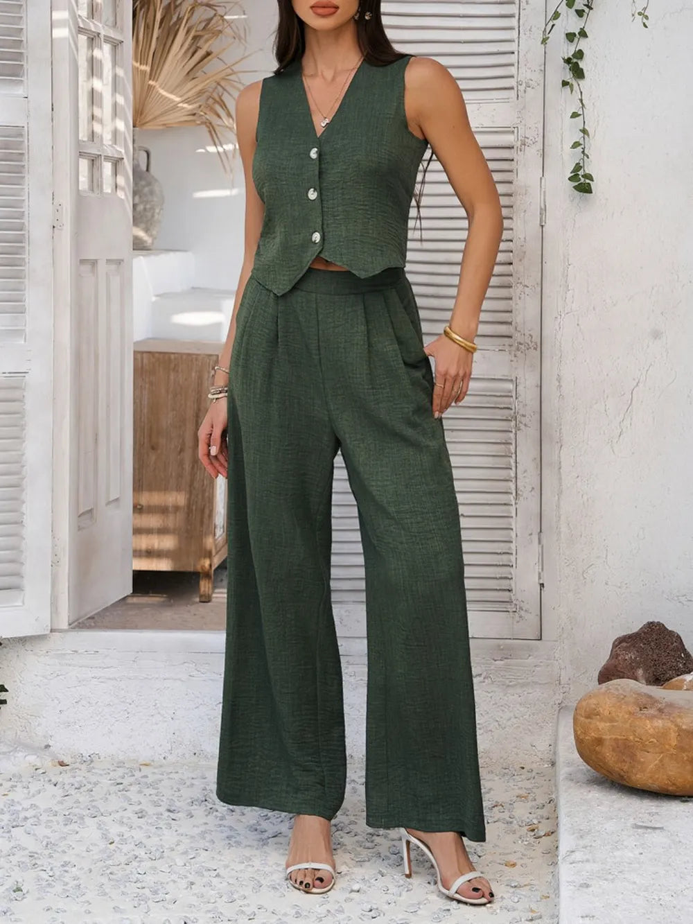 Devine Button Down Vest and Wide Leg Pants Set - Thalia Chic