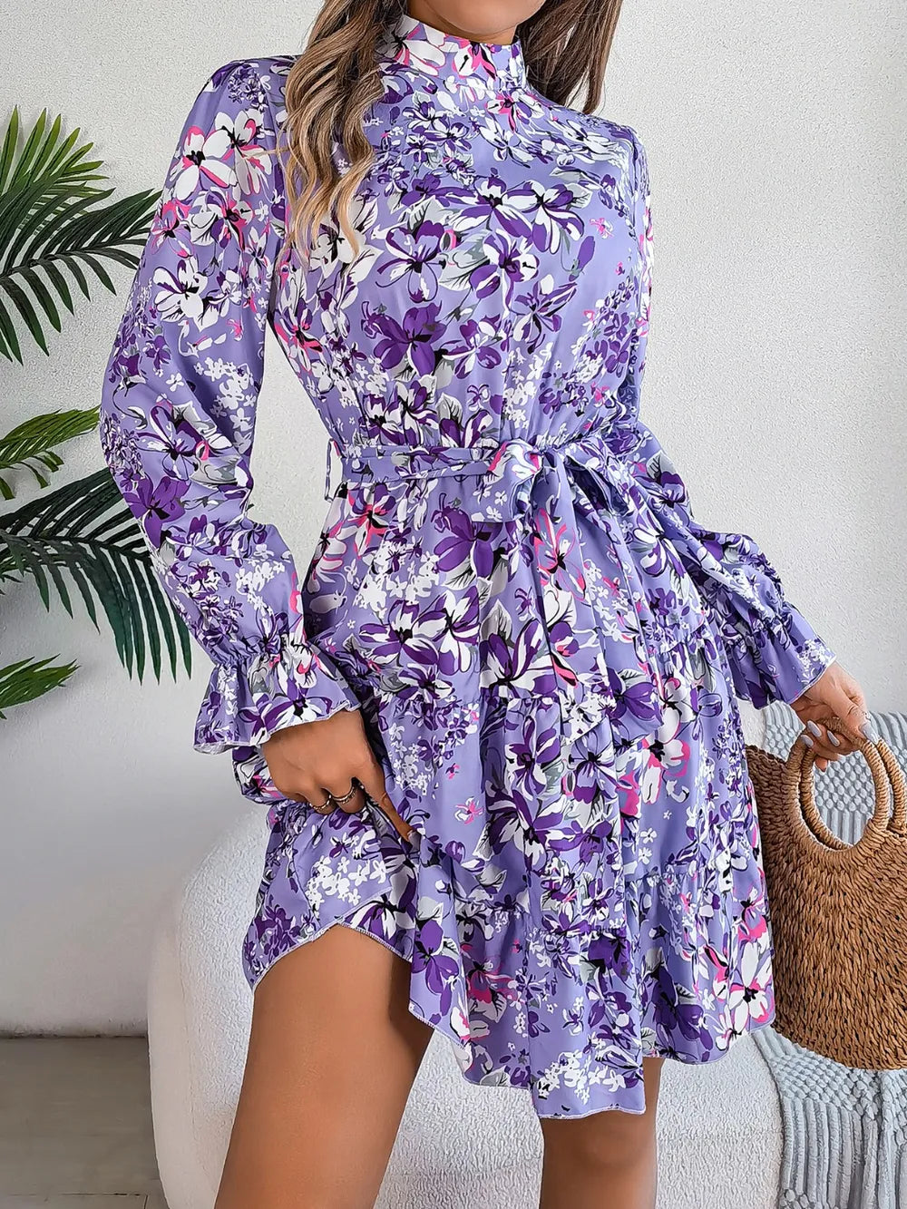 Printed Mock Neck Flounce Sleeve Mini Dress - Thalia Chic
