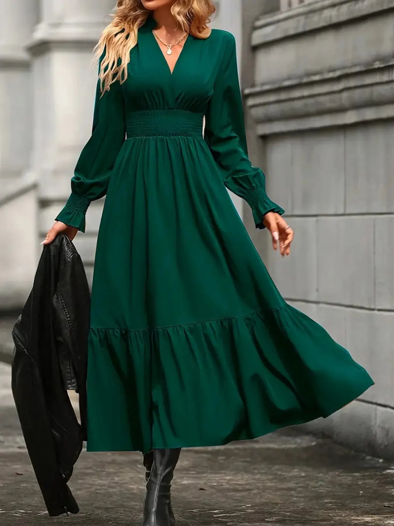 Notched Long Sleeve Tiered Dress - Thalia Chic