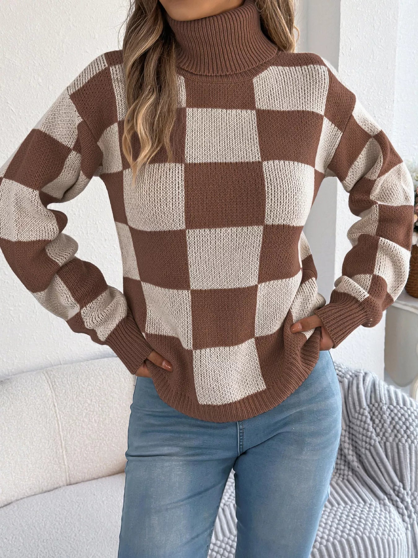 Checkered Turtleneck Long Sleeve Sweater - Thalia Chic