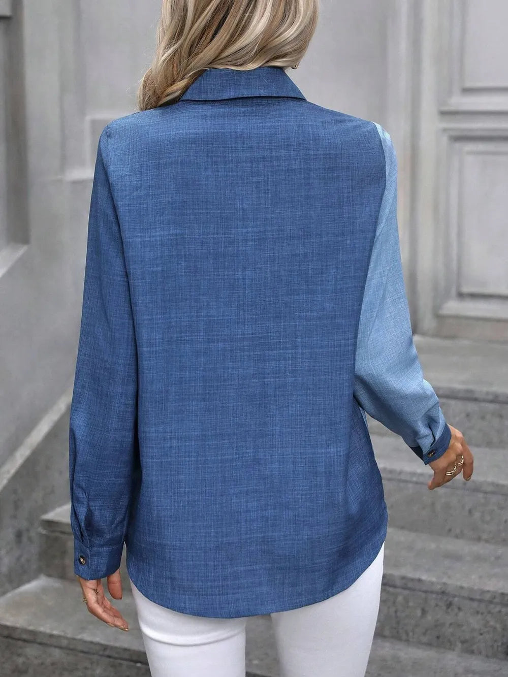 Contrast Collared Neck Long Sleeve Shirt - Thalia Chic