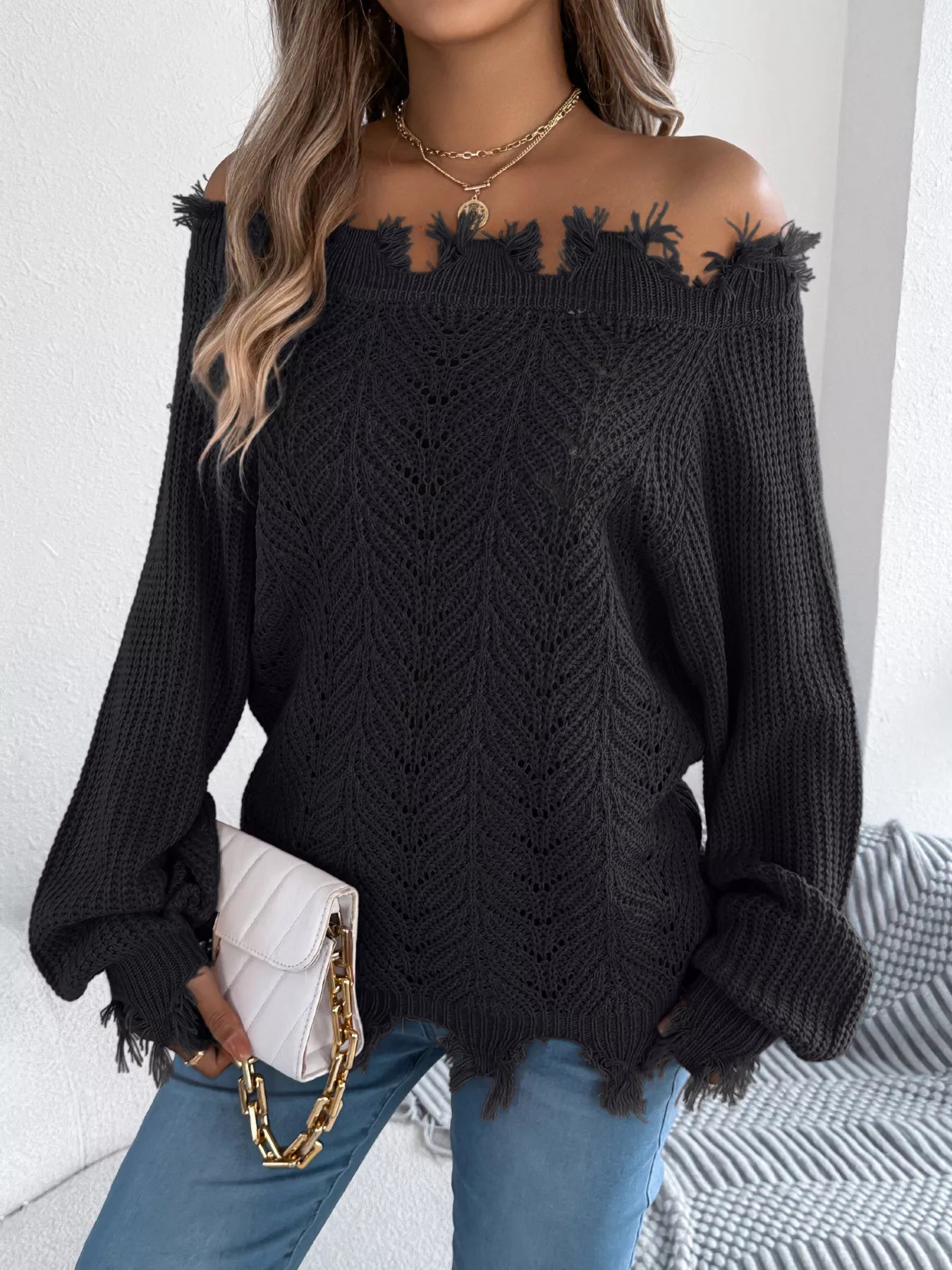 Distressed Hem Openwork Off-Shoulder Sweater - Thalia Chic