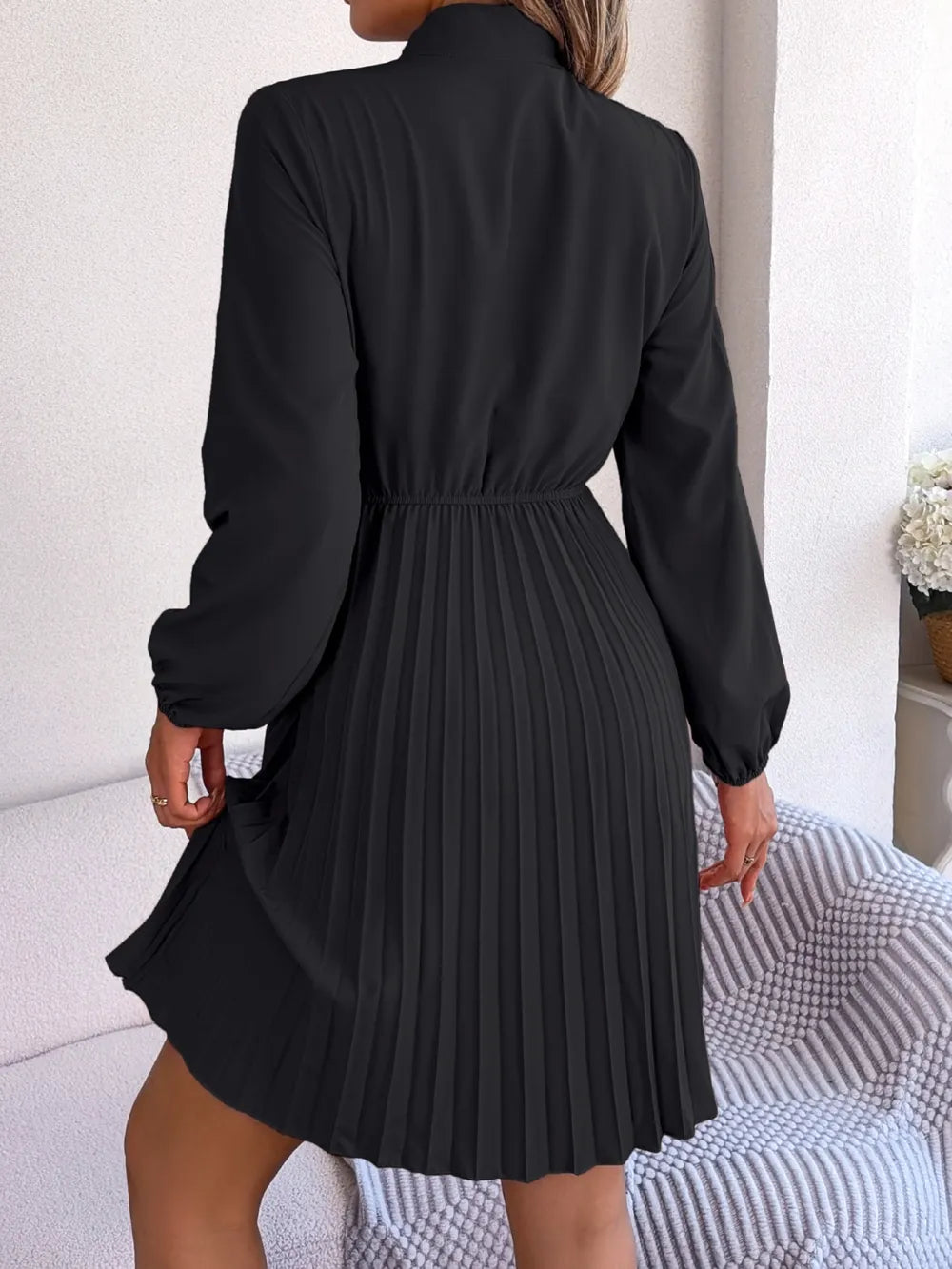 Tie Neck Balloon Sleeve Pleated Dress - Thalia Chic