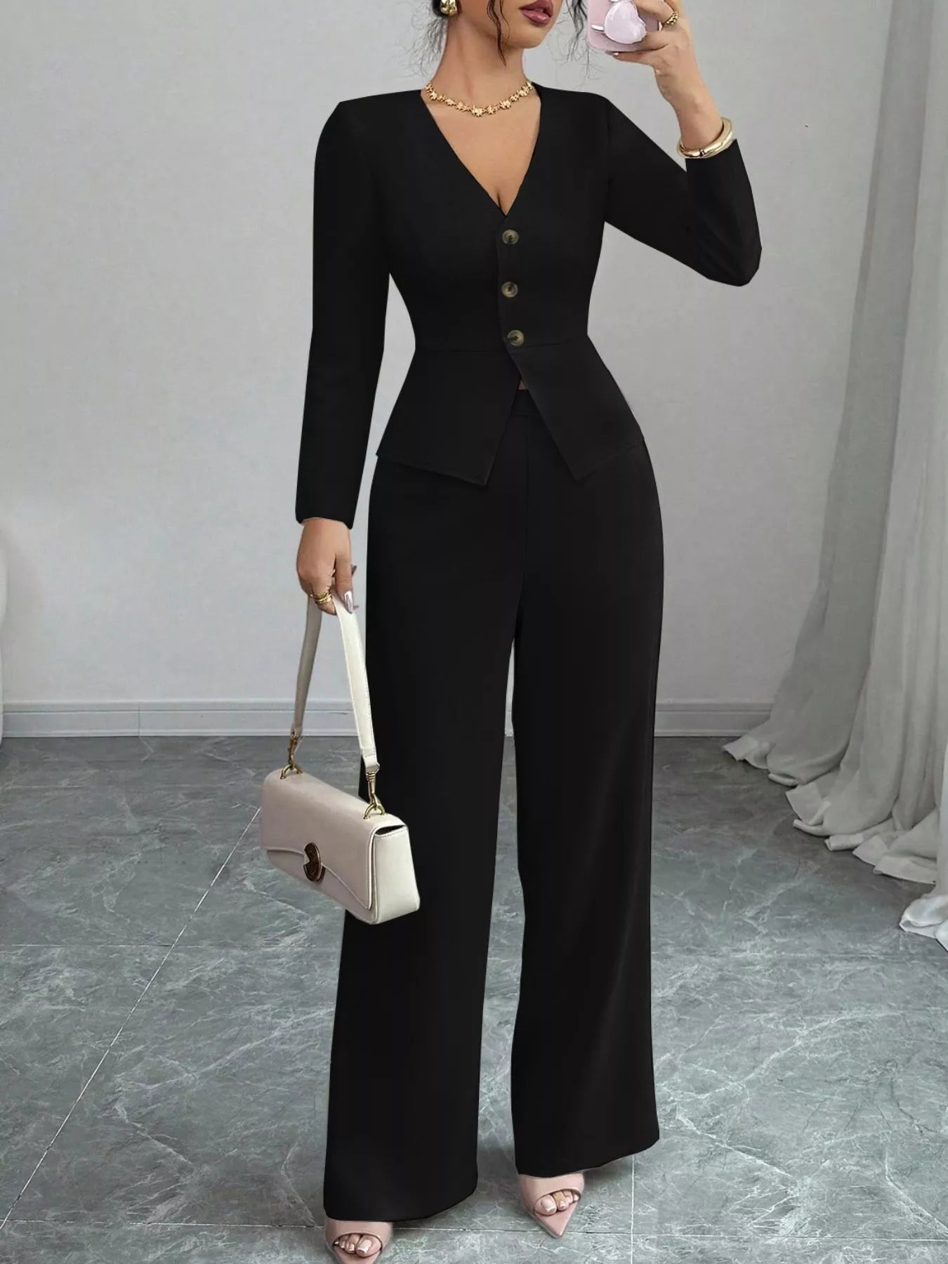 Button Up Long Sleeve Top and Pants Set - Thalia Chic