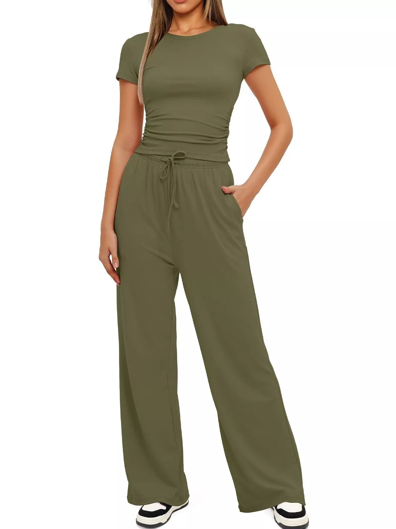 Round Neck Short Sleeve T-Shirt and Pants Set - Thalia Chic