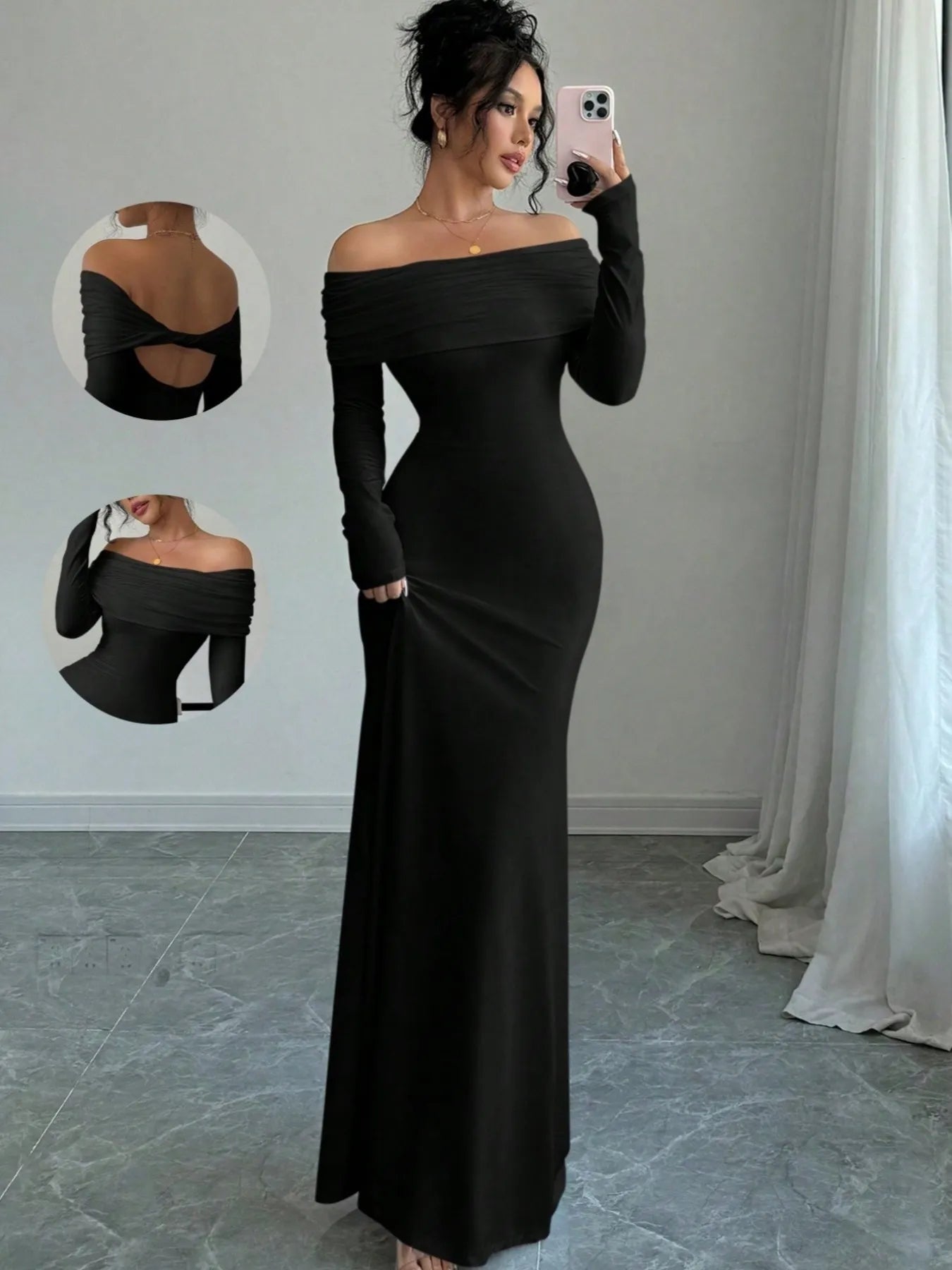 Off-Shoulder Long Sleeve Bodycon Maxi Dress - Thalia Chic