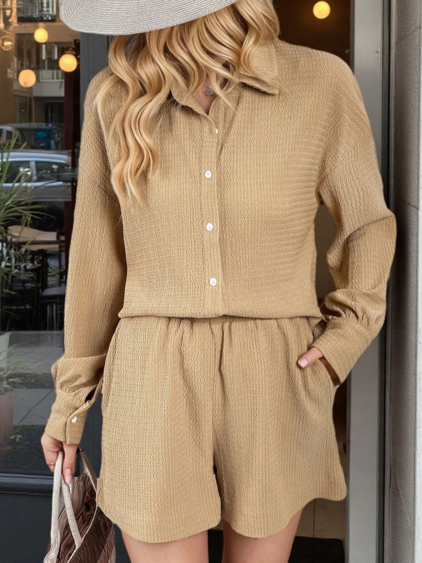 Button Up Long Sleeve Shirt and Shorts Set - Thalia Chic