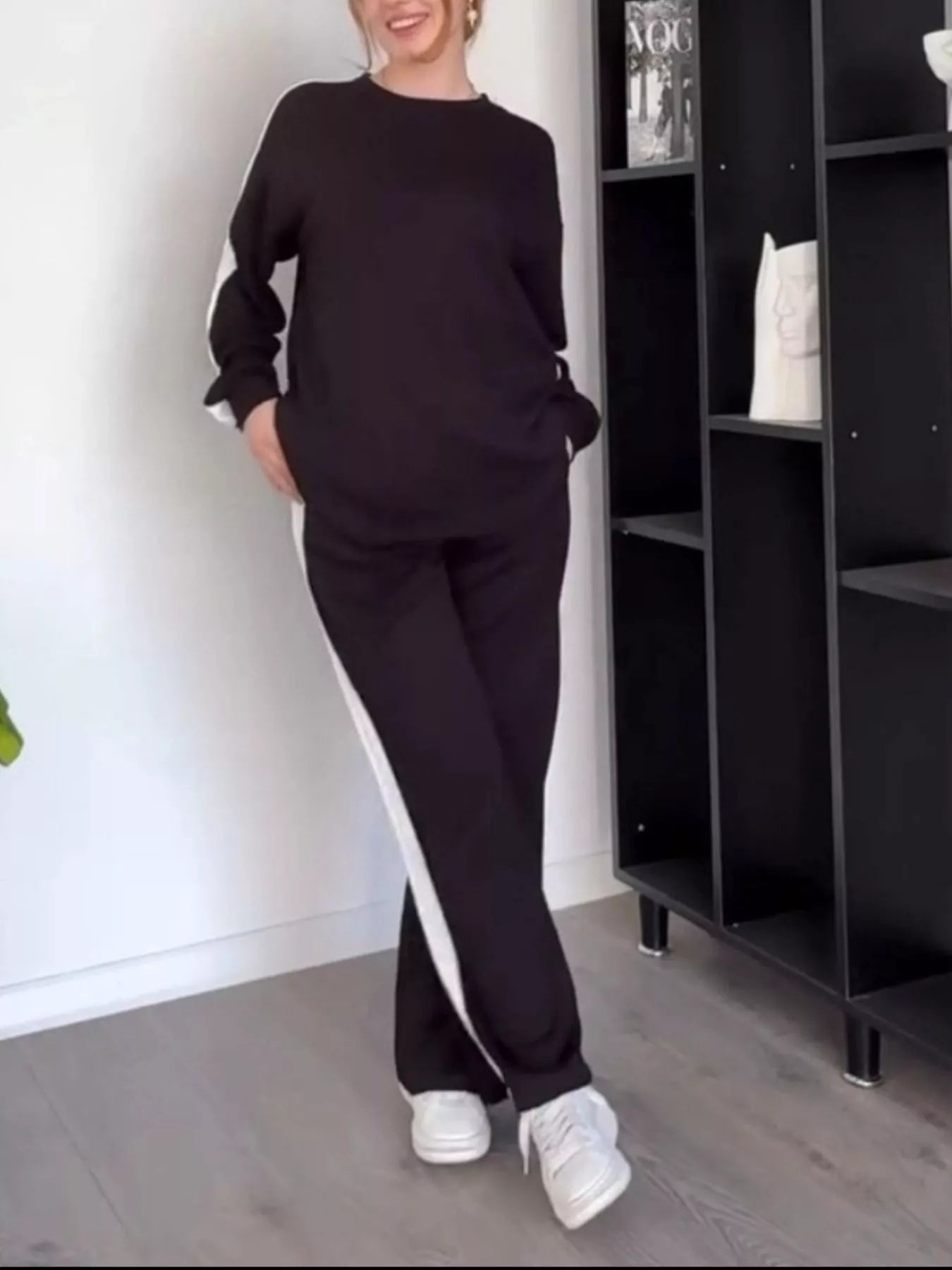 Full Size Contrast Round Neck Top and Pants Set Plus Size - Thalia Chic