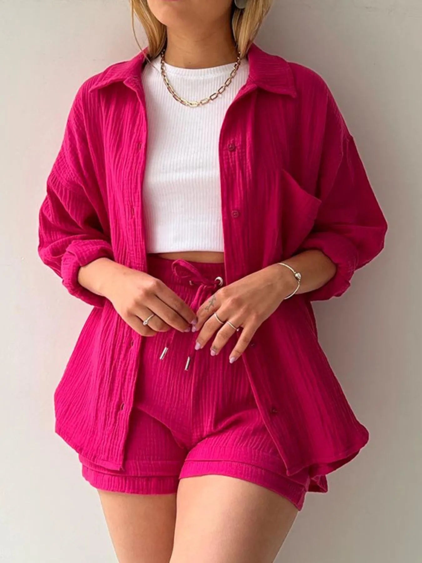 Textured Button Up Shirt and Shorts Set - Thalia Chic