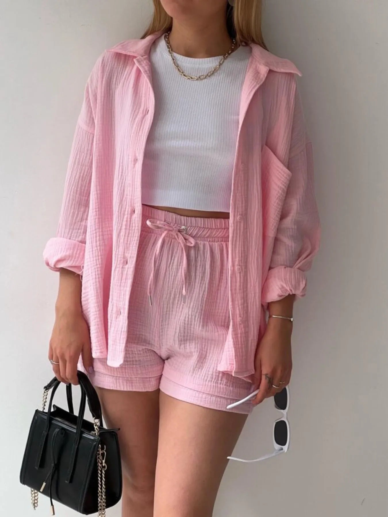 Textured Button Up Shirt and Shorts Set - Thalia Chic