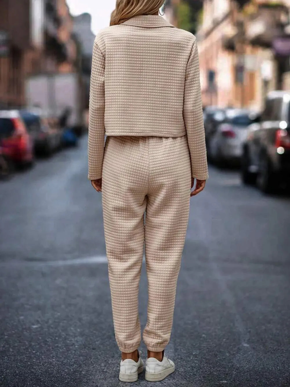 Plaid Texture Snap Down Top and Pants Set - Thalia Chic