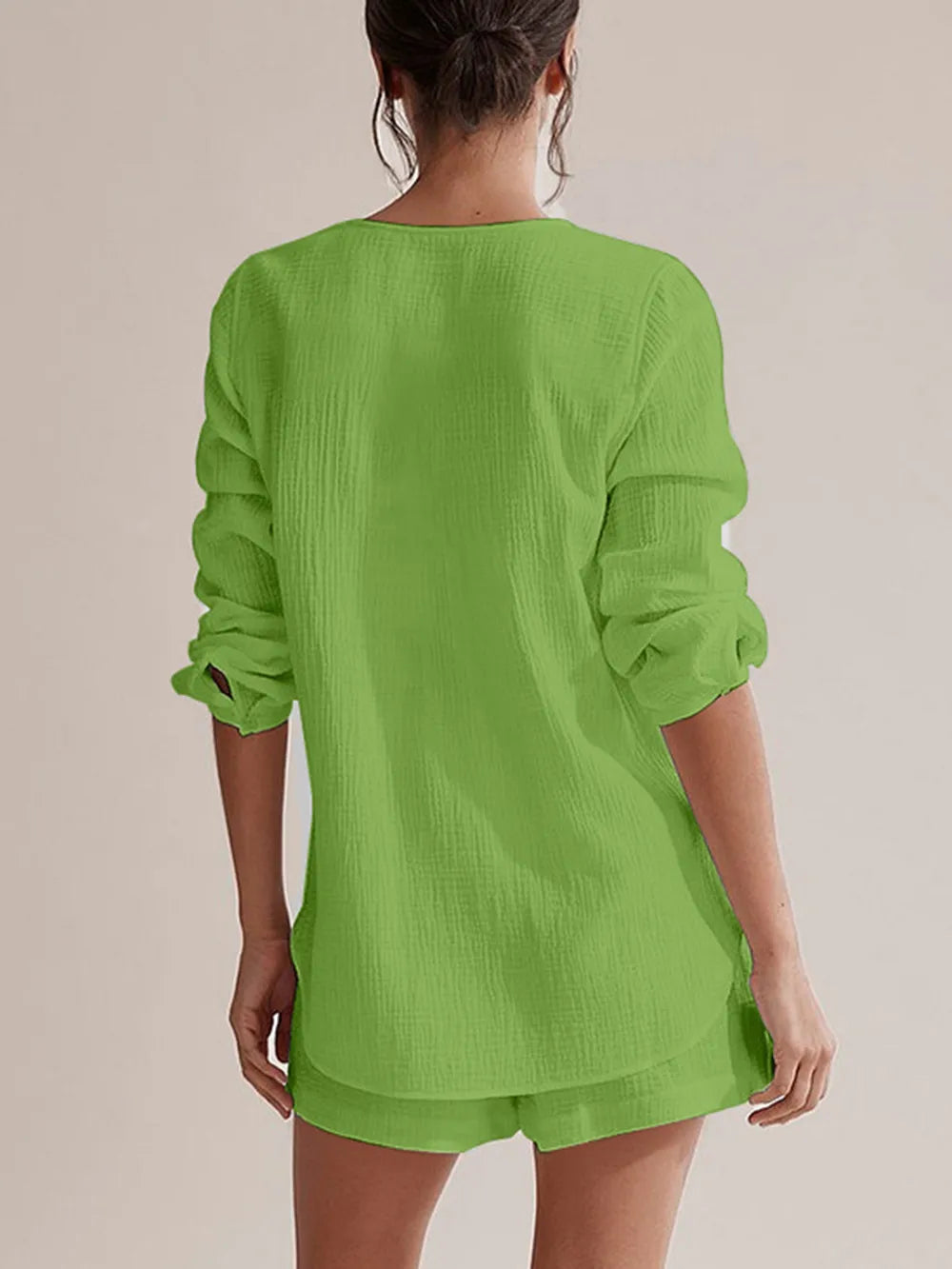 Notched Long Sleeve Top and Shorts Set - Thalia Chic