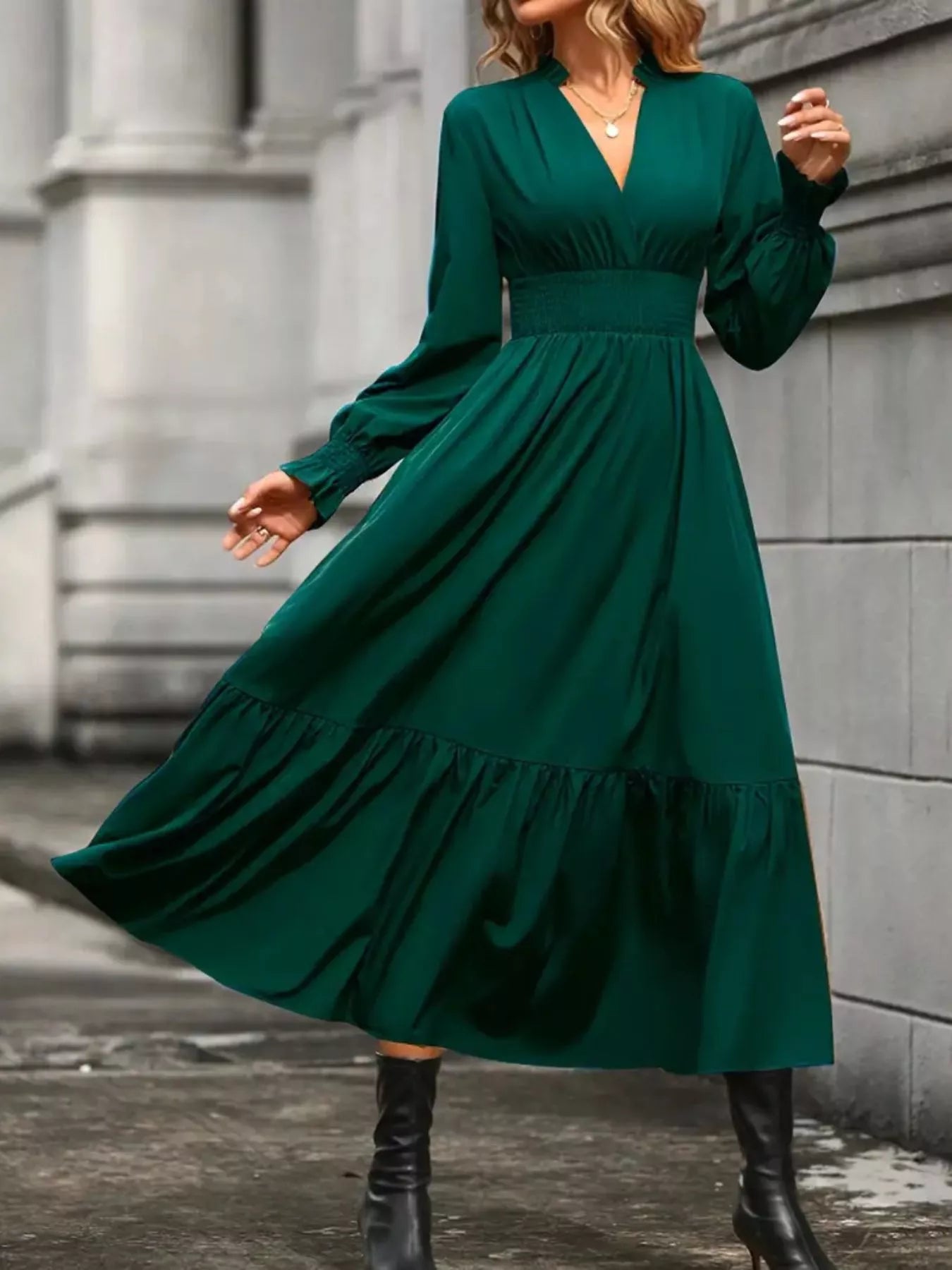 Surplice Long Sleeve Tiered Midi Dress - Thalia Chic