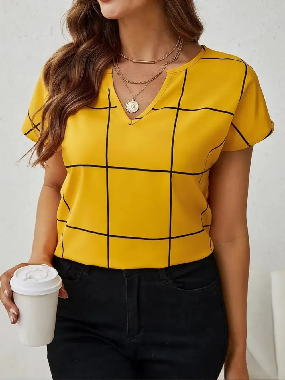 Plaid Contrast Notched Blouse - Thalia Chic