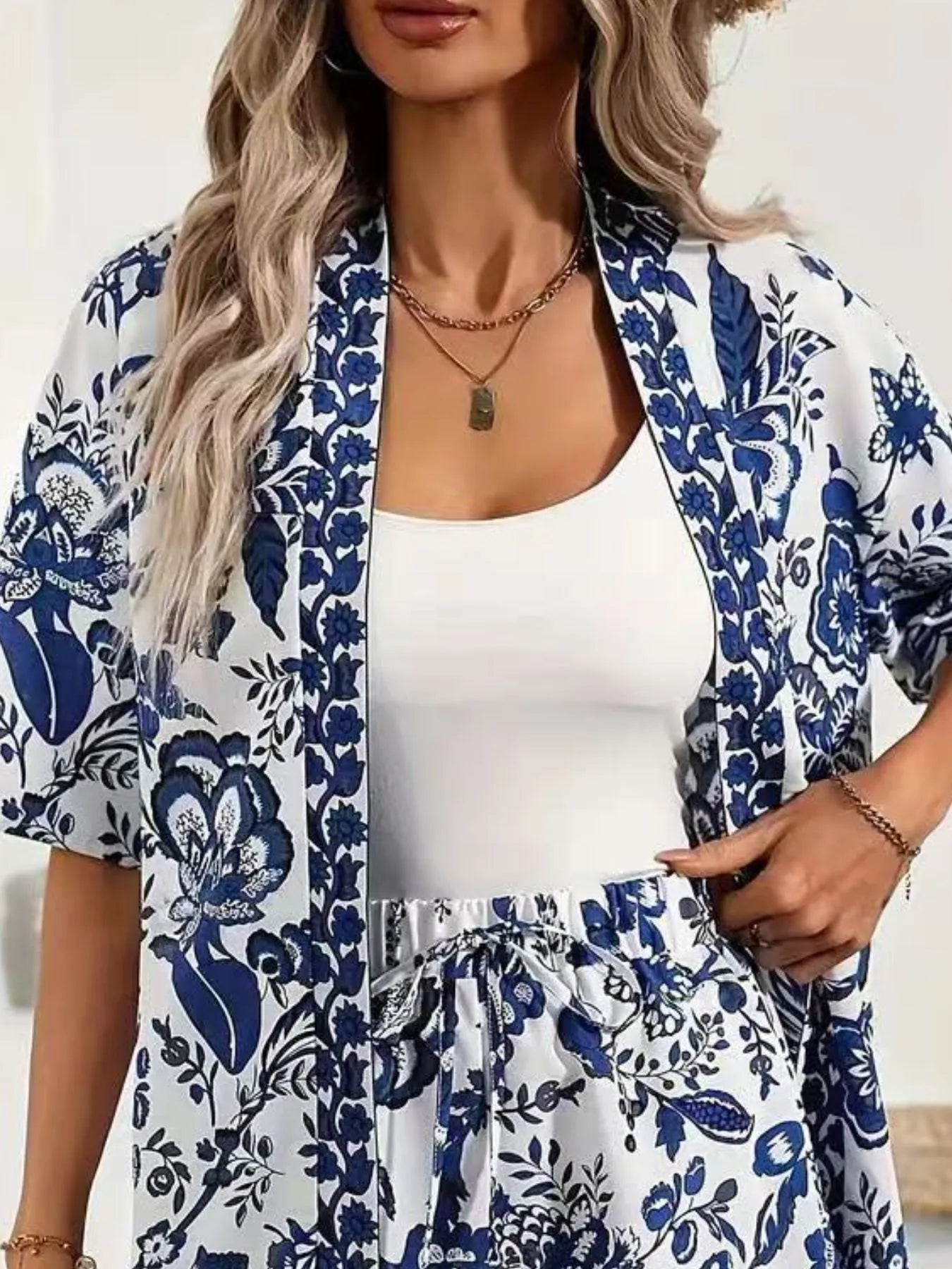 Printed Open Front Cardigan and Shorts Set - Thalia Chic