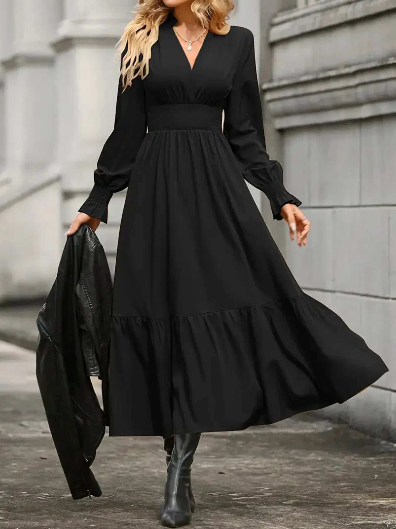 Notched Long Sleeve Tiered Dress - Thalia Chic