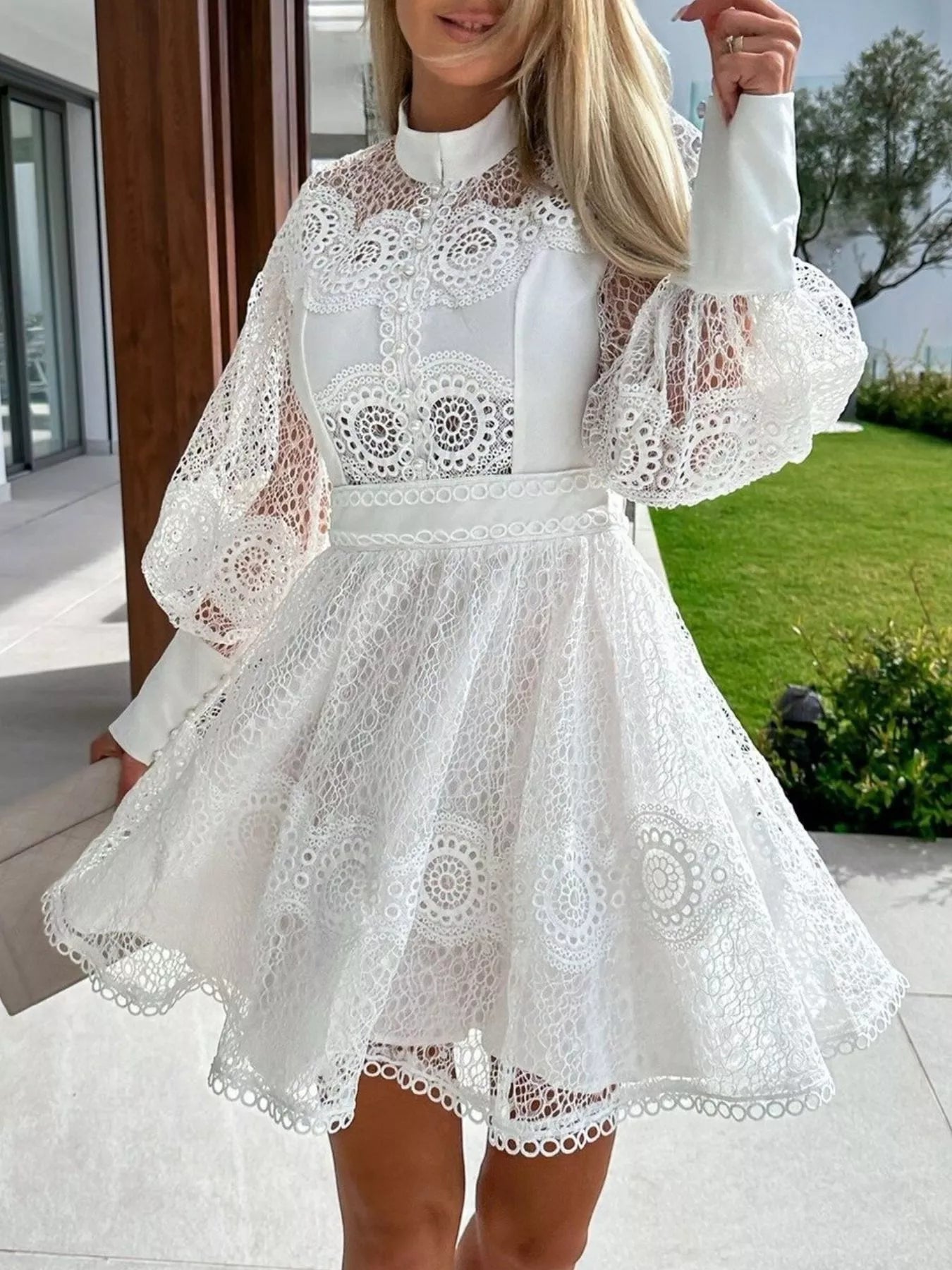 Lace Lantern Sleeve Mini Dress - Thalia Chic
