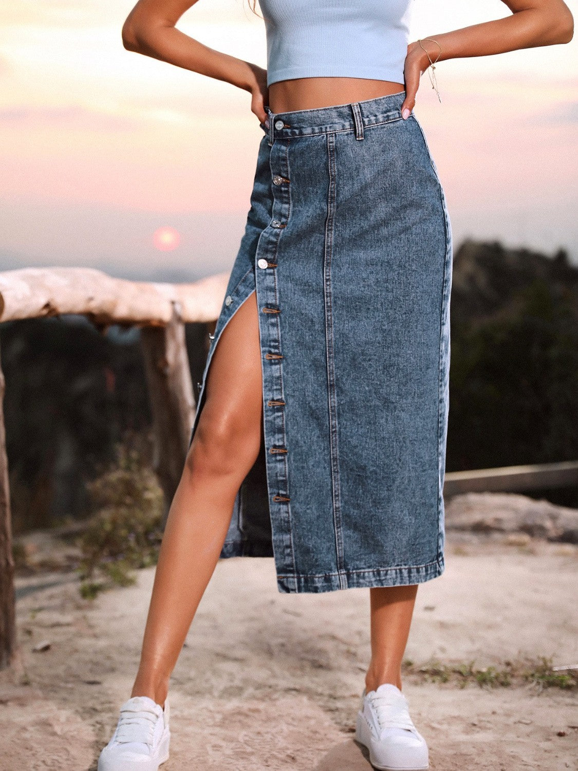 Button Down Denim Skirt - Thalia Chic