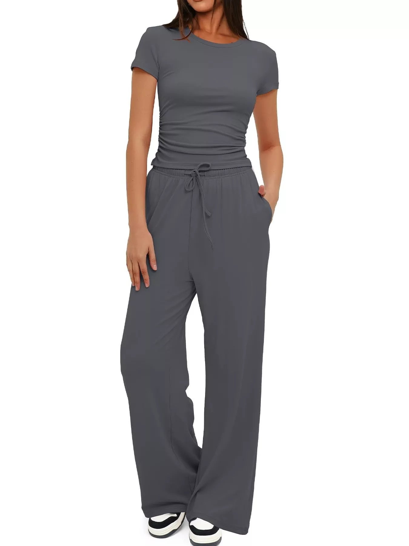 Round Neck Short Sleeve T-Shirt and Pants Set - Thalia Chic