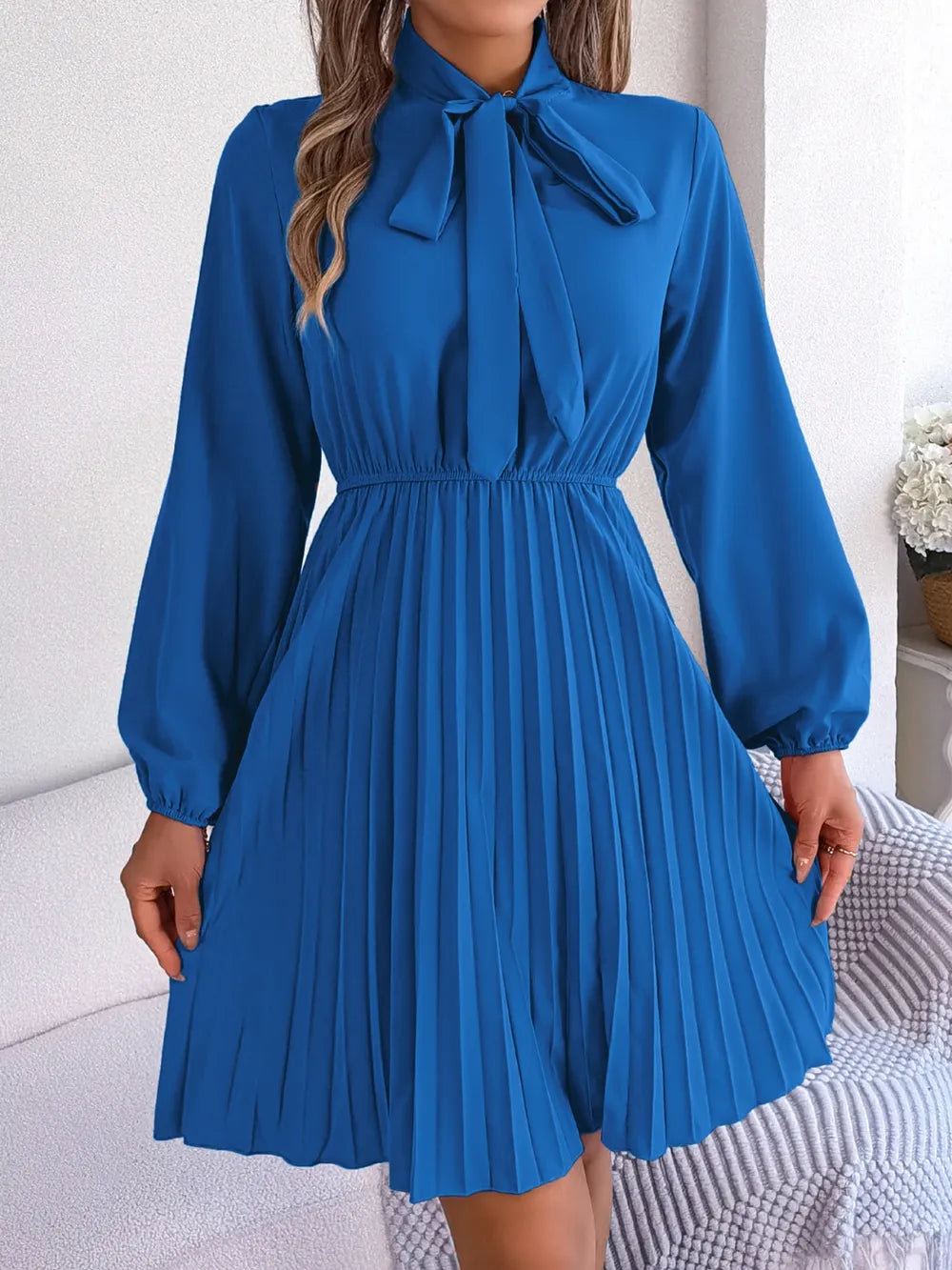 Tie Neck Balloon Sleeve Pleated Dress - Thalia Chic