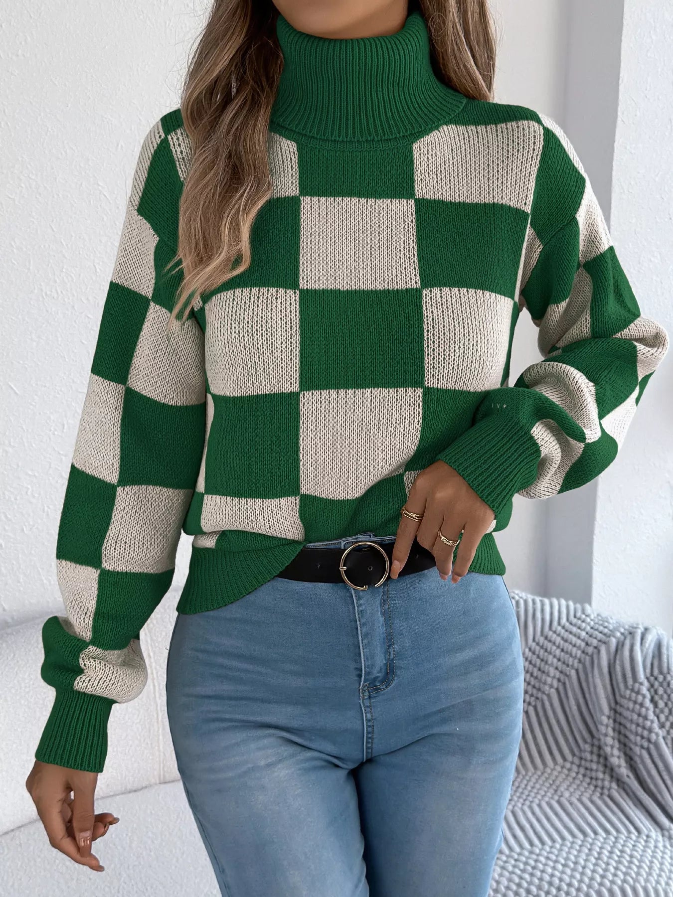 Checkered Turtleneck Long Sleeve Sweater - Thalia Chic
