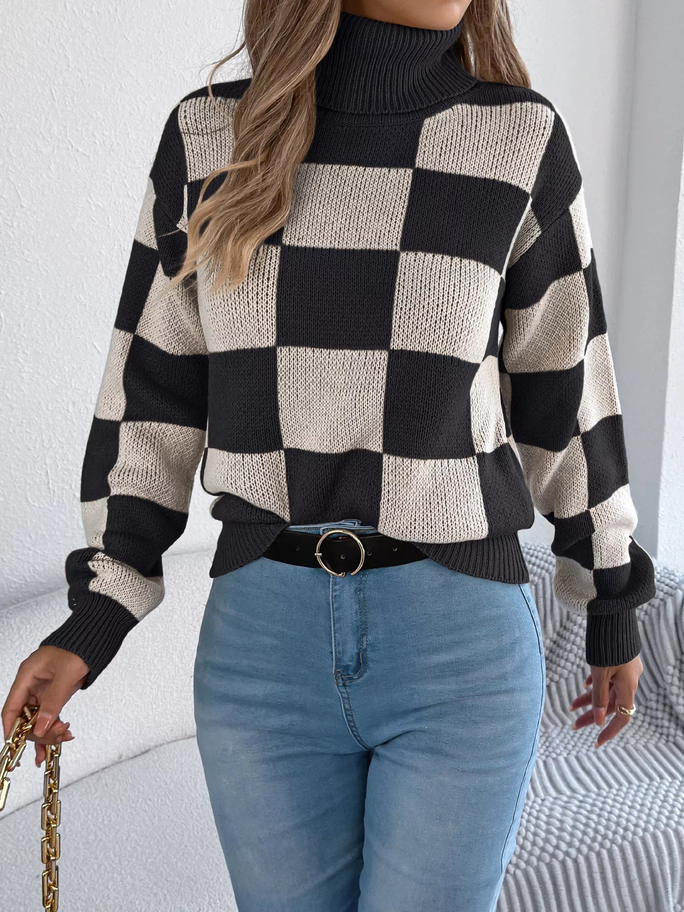 Checkered Turtleneck Long Sleeve Sweater - Thalia Chic