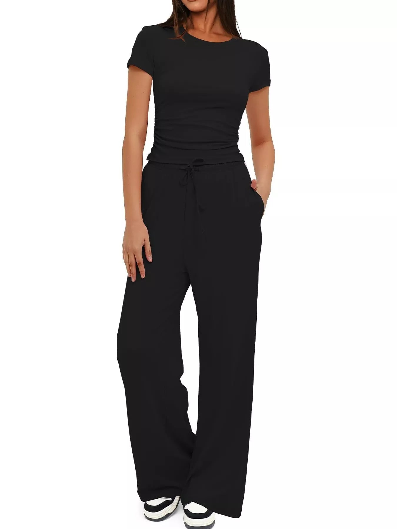 Round Neck Short Sleeve T-Shirt and Pants Set - Thalia Chic