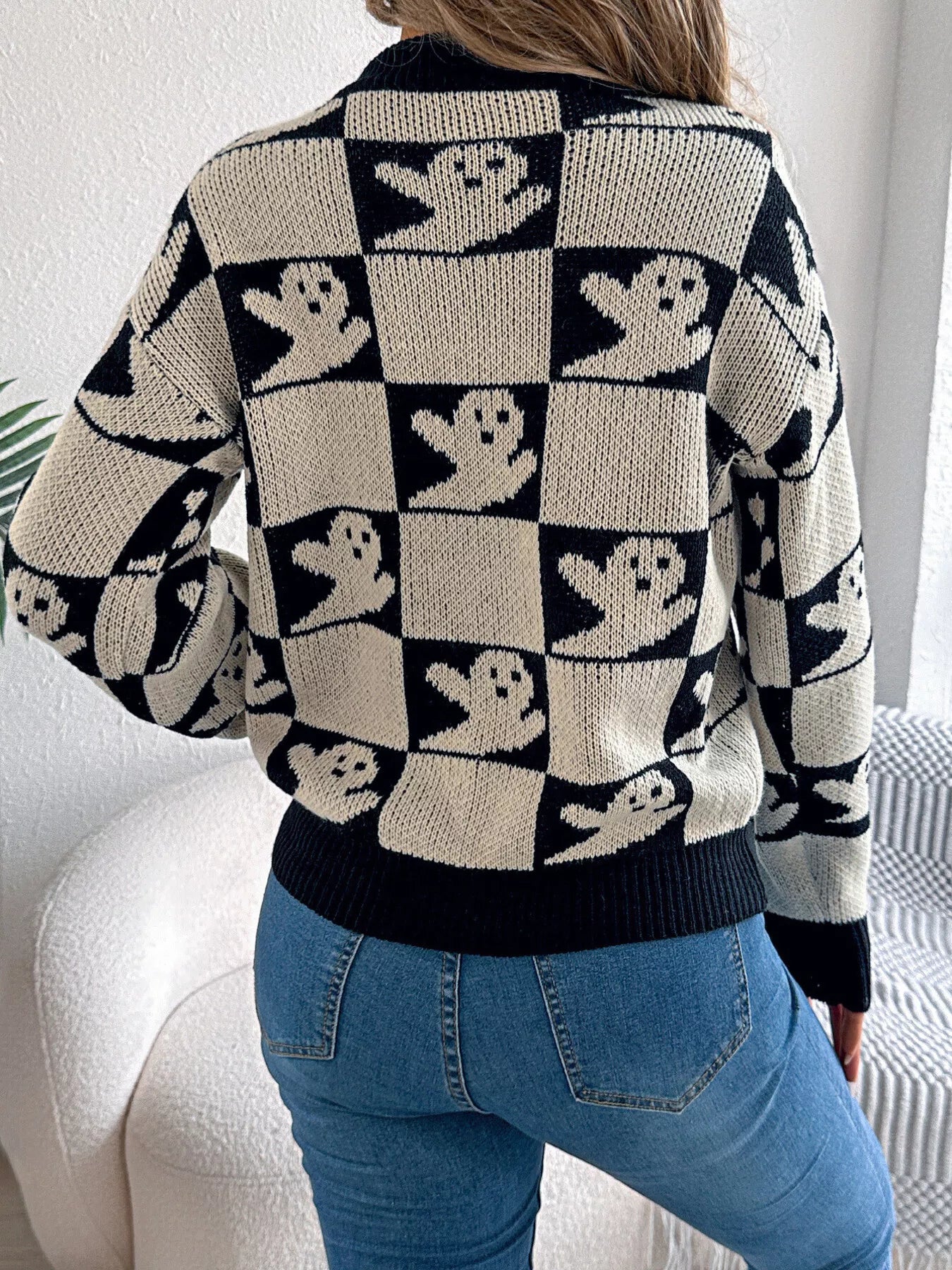 Halloween Ghost Pattern Checkered Round Neck Sweater - Thalia Chic
